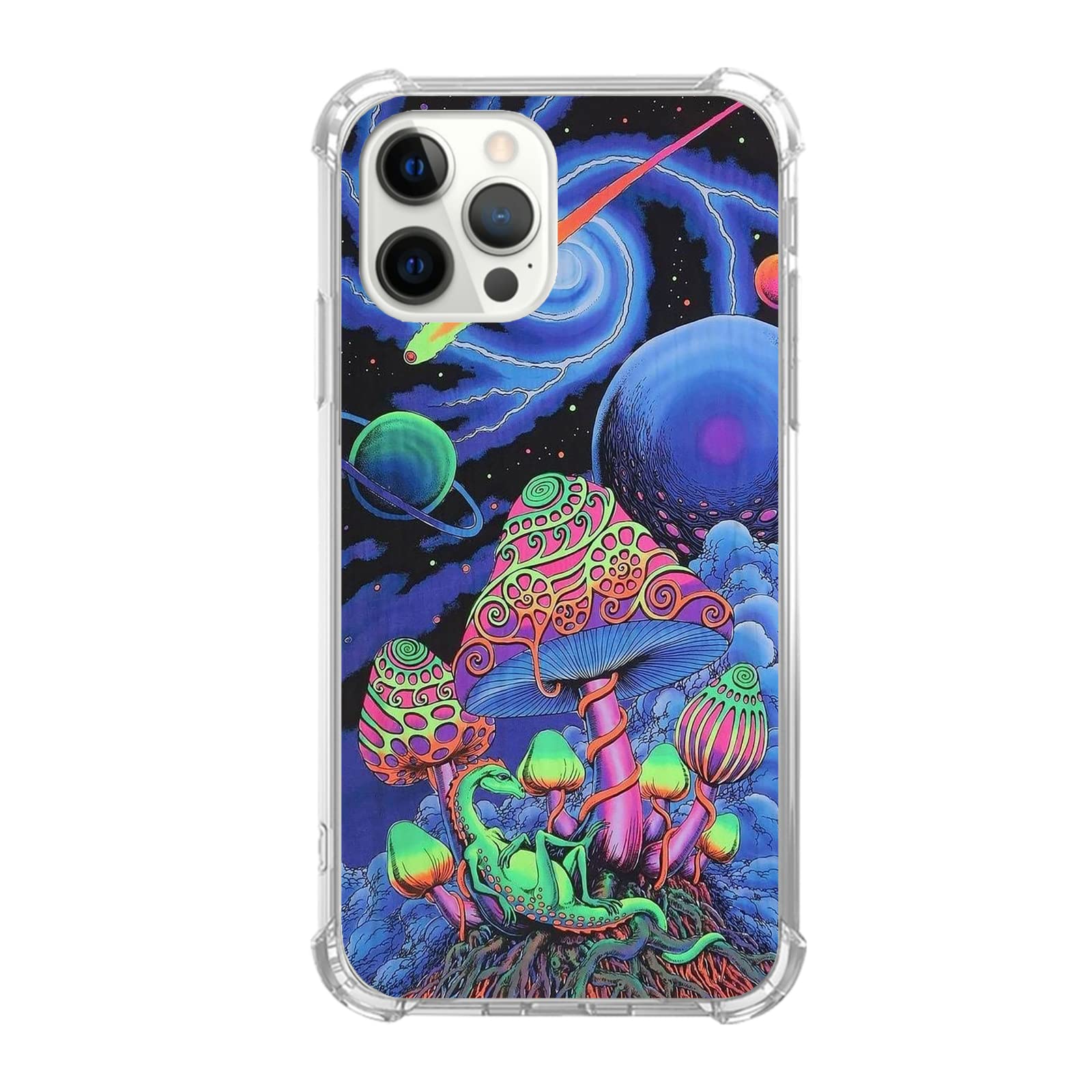 Trippy Mushroom Space Planet iPhone 12 Pro Max Case - Psychedelic Aesthetic TPU Bumper Cover for Women & Men - Trendy Protective Phone Case for Music Festivals, Rave Parties & Unique Style Lovers