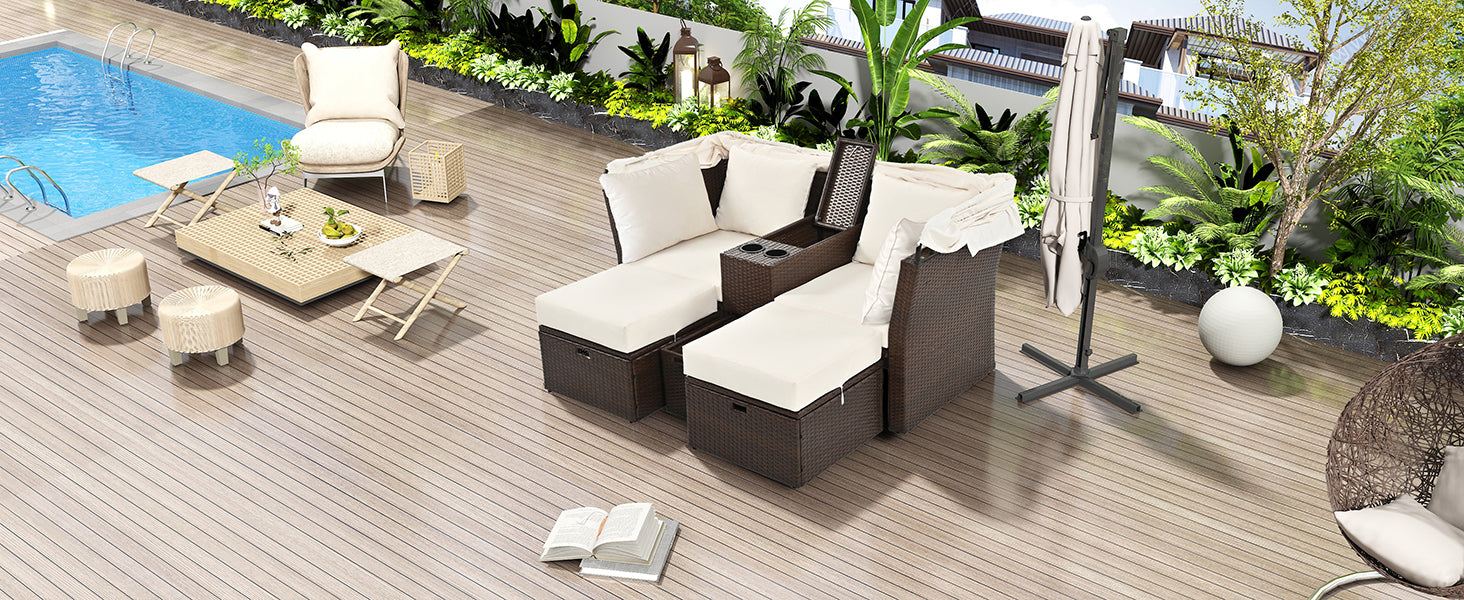 2 Seater Outdoor Patio Daybed with Foldable Awning & Cushions - Double Loveseat Sofa Set for Garden, Balcony, Poolside - Perfect for Relaxing, Sunbathing & Outdoor Lounging (Beige)