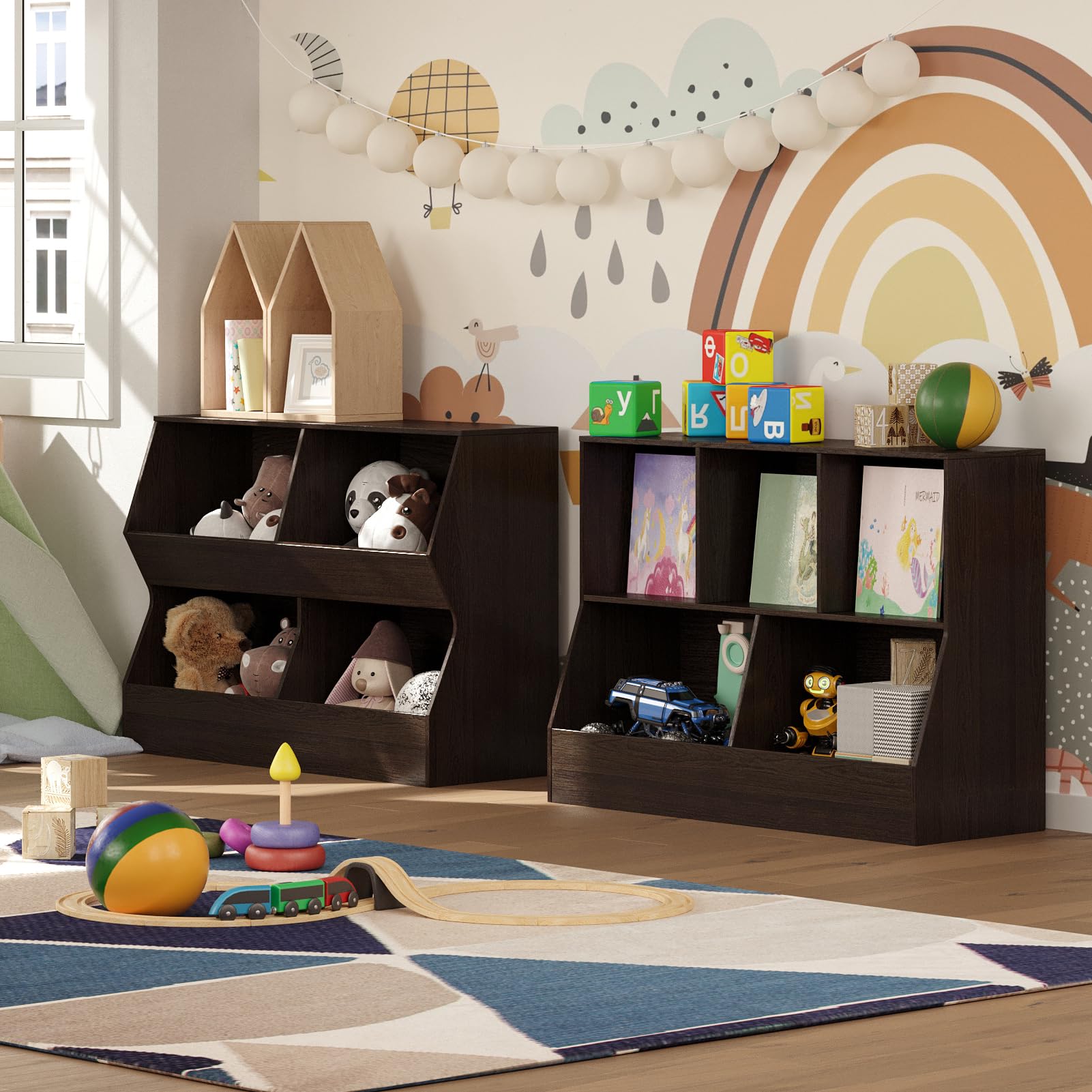 DINZI LVJ 2-Tier Wooden Bookshelf - 4 Cubby Toy Storage Organizer for Bedroom, Nursery, Hallway & School - 39.4 Inch Long - Perfect for Kids' Room Organization & Home Decor