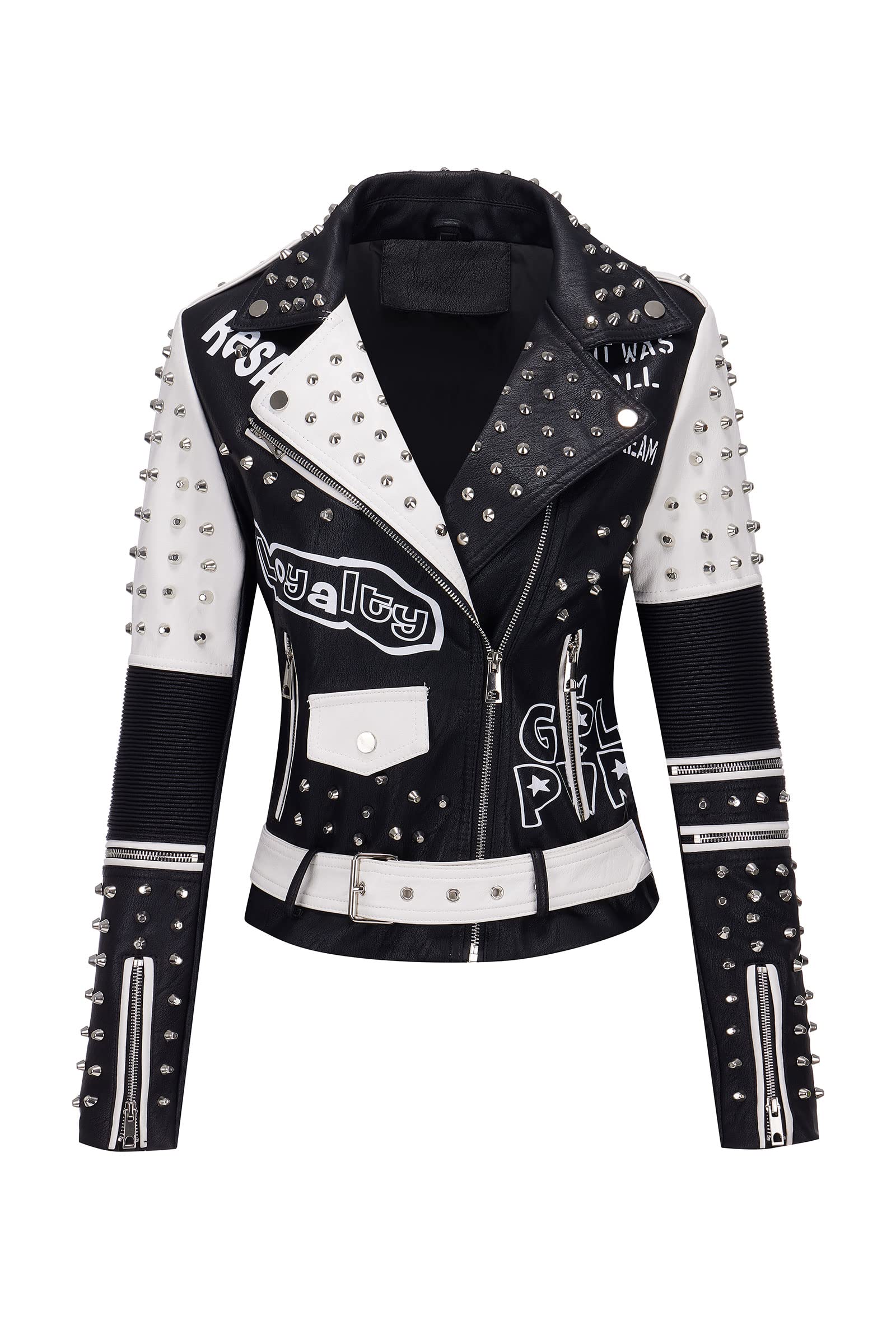 RISISSIDA Women's Faux Leather Jacket with Studs & Rivets - Trendy Moto Biker Jacket for Spring, Fall & Winter - Stylish Streetwear with Belt - Perfect for Casual Outings, Nightlife & Fashion Events