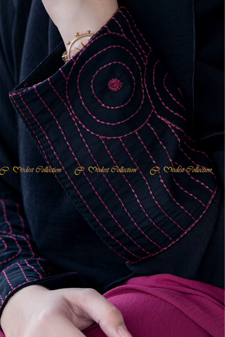 Elegant Dual Shade Embroidered Abaya Dress - Magenta & Black | Modest Islamic Clothing for Women | Perfect for Prayer, Special Occasions & Everyday Wear