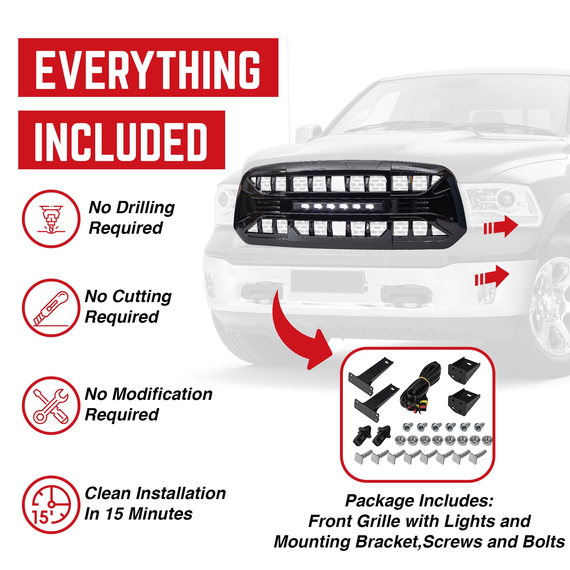 2013-2023 Dodge Ram 1500 & Ram 1500 Classic Off-Road LED Grille - Glossy Black Armor Grille for Enhanced Protection & Style | Perfect for Truck Enthusiasts & Off-Road Adventures