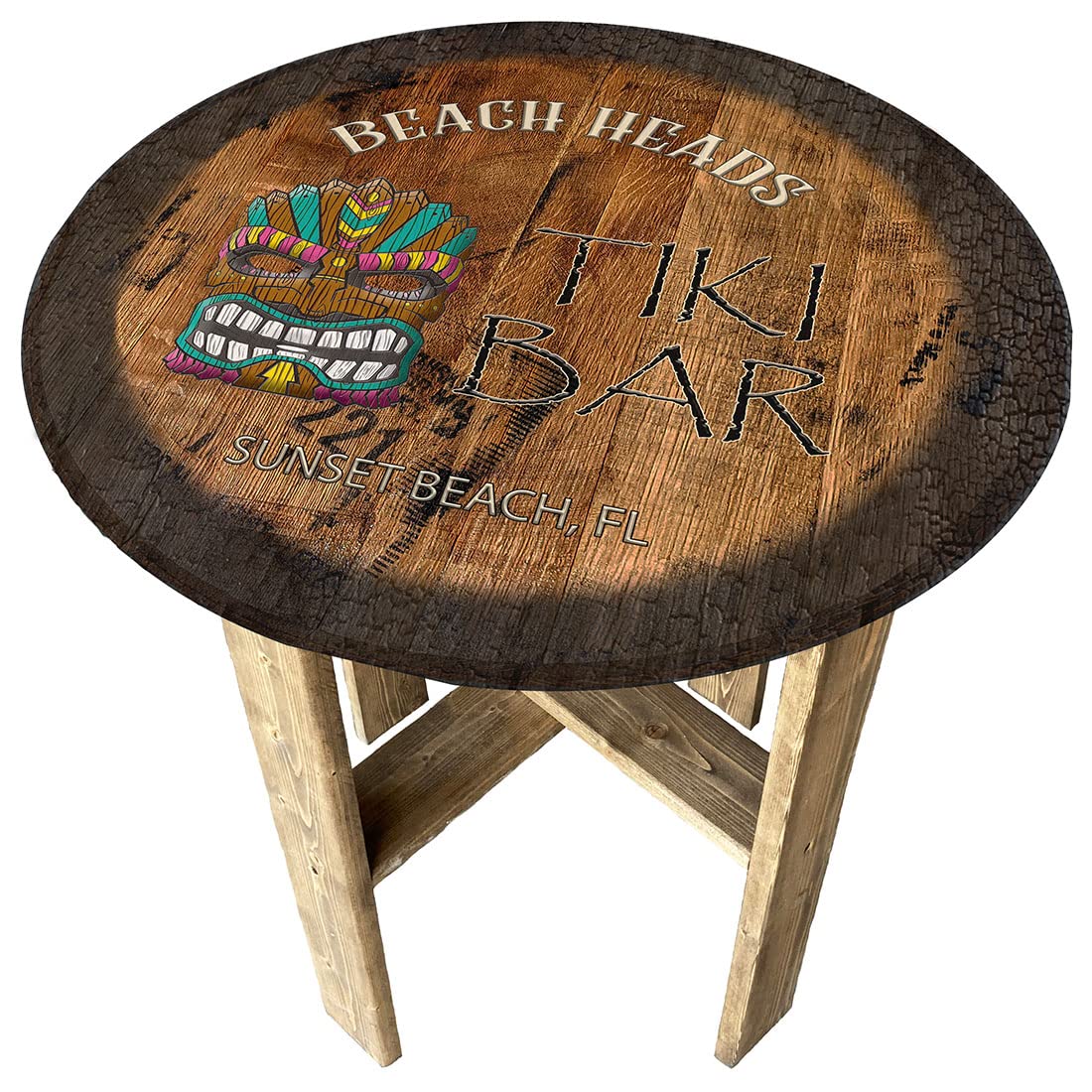 Rustic Round Whiskey Barrel End Table - Farmhouse & Beach House Decor for Tiki Bar, Living Room, or Patio - Handmade Wooden Side Table with Distressed Finish