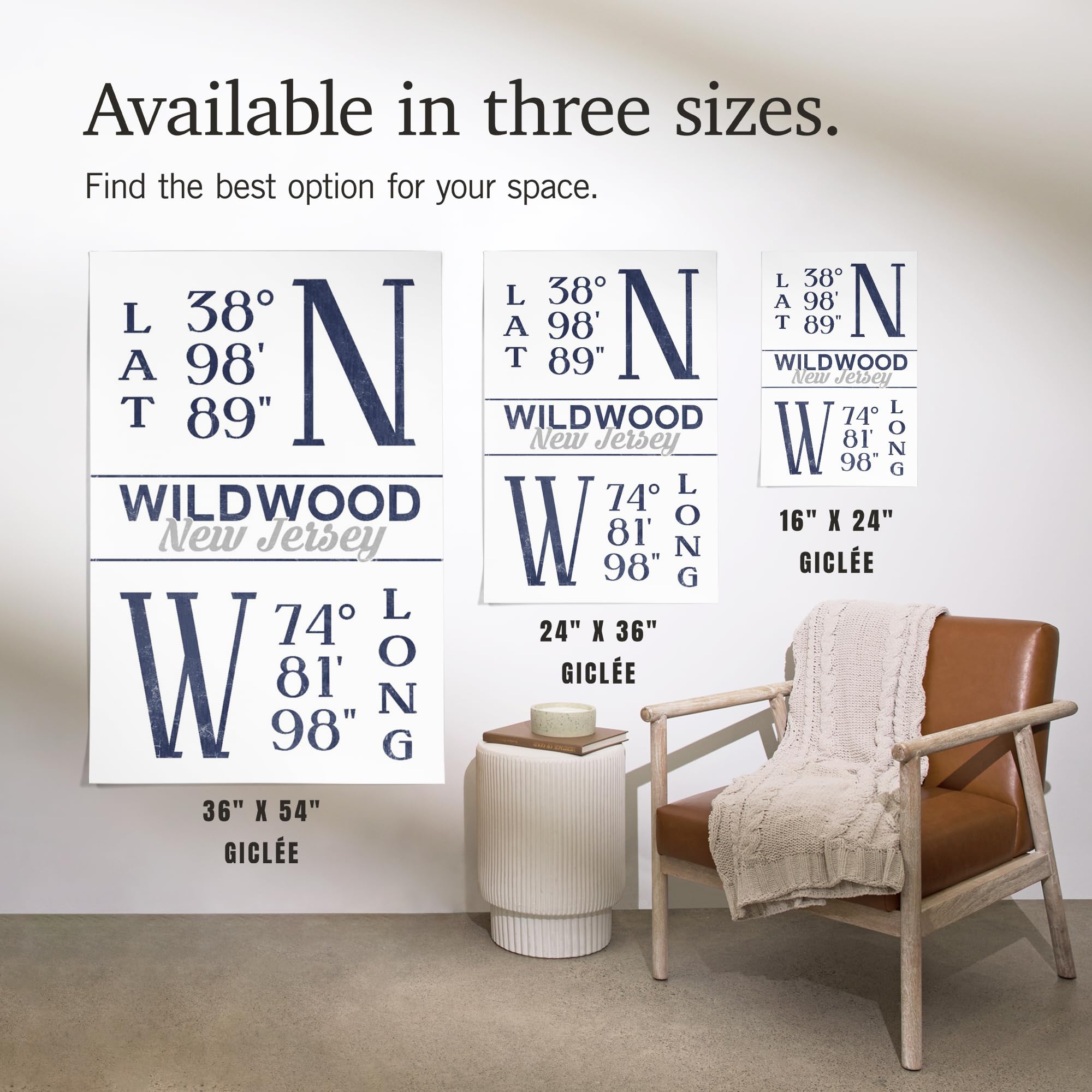 Lantern Press 16x24 Inch Giclee Art Print - Wildwood New Jersey Coastal Map with Latitude & Longitude Coordinates in Blue - Perfect for Beach House Decor & Coastal Themed Rooms