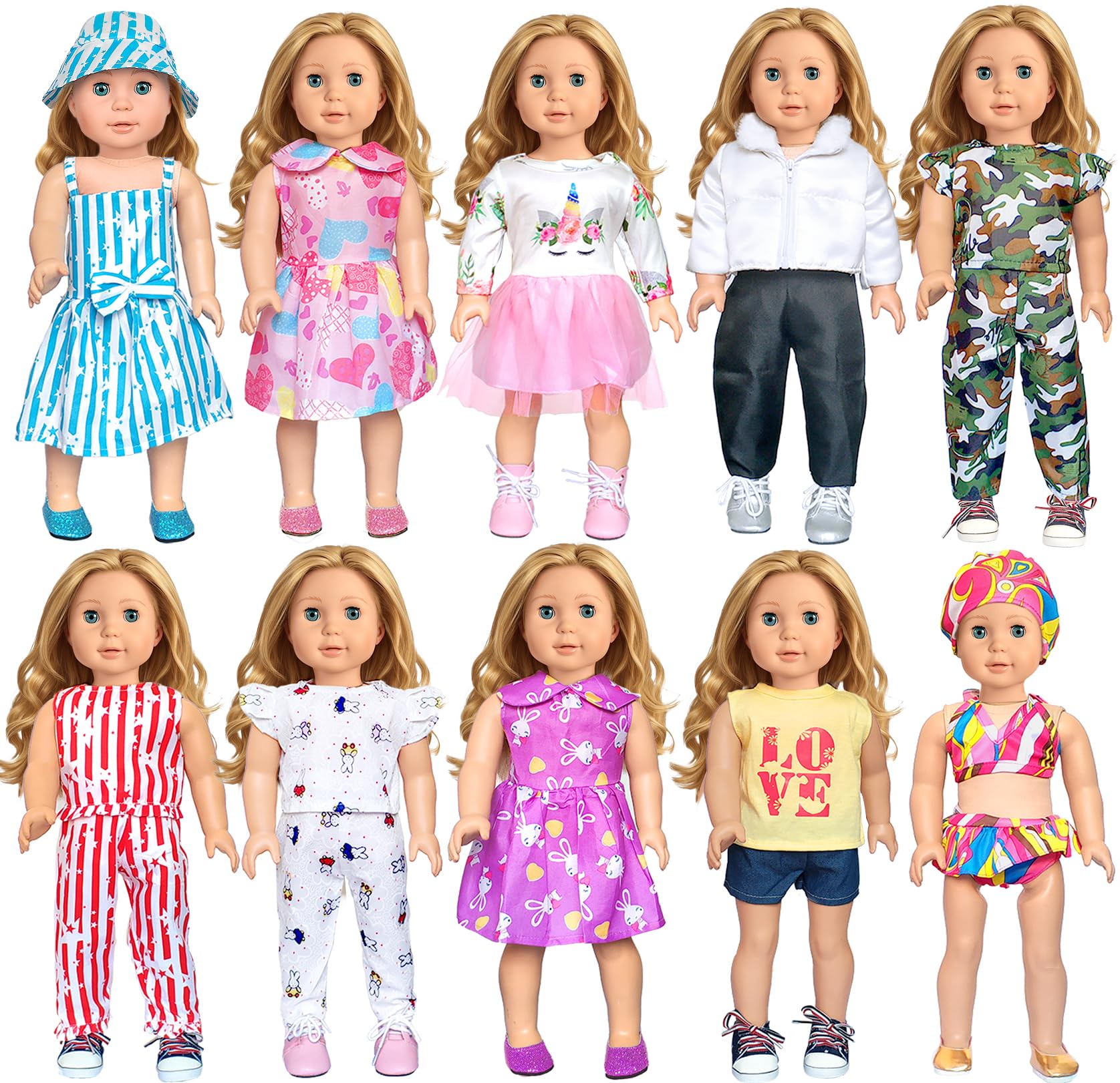 18 Inch Doll Clothes Set for Girls - 10 Piece Fashion Outfits & Accessories | Perfect for American Girl Dolls, Dress Up Play & Birthday Gifts