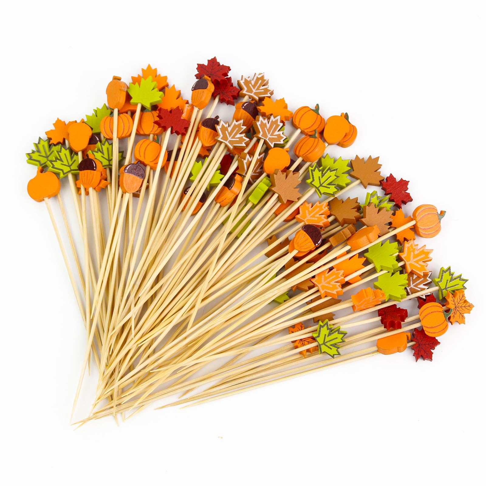 100PCS Fall Cocktail Picks 4.7 Inch - Decorative Bamboo Toothpicks with Autumn Leaves, Pumpkins & Acorns Designs for Thanksgiving Party, Appetizers, Fruit Skewers & Drink Decorations - Perfect for Seasonal Gatherings, Holiday Tablescapes and DIY Crafts