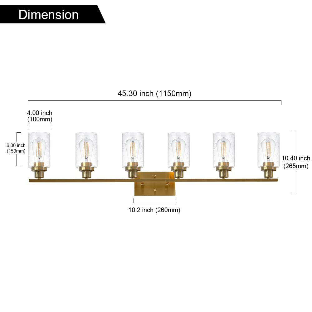 MELUCEE 6-Light Brushed Brass Vanity Light - Modern Bathroom Mirror Lighting Fixture with Bubbled Glass Shades - Wall Sconce for Hallway, Kitchen, Living Room & Bedroom - Perfect for Makeup, Shaving & Ambient Lighting