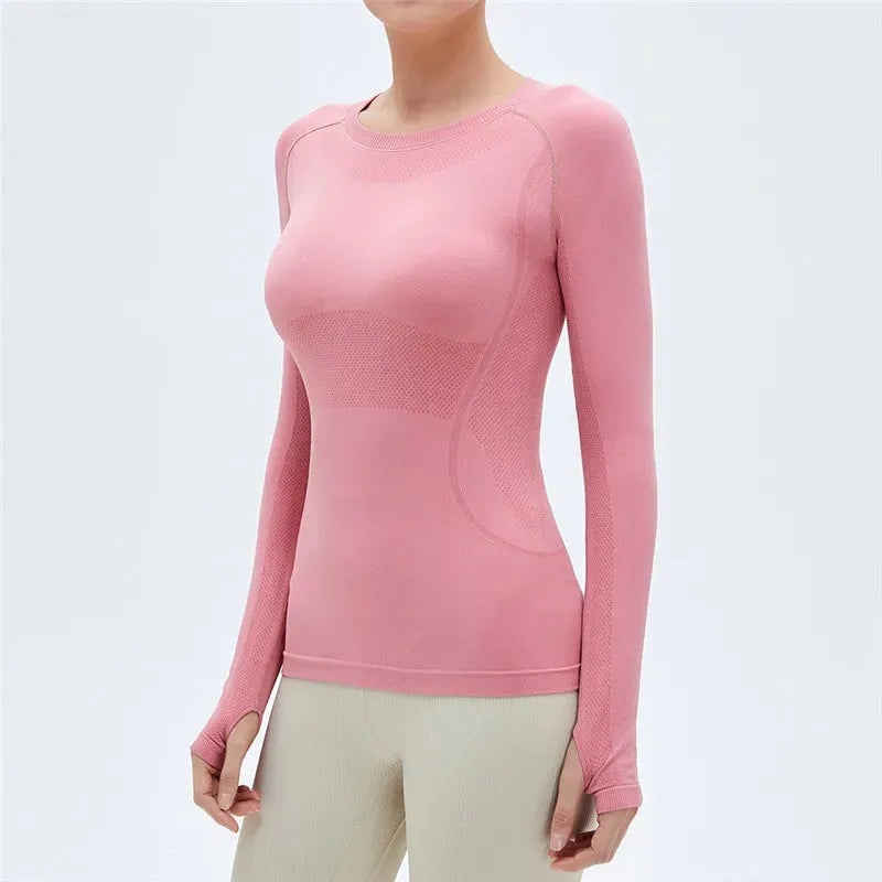 Solid Color Women's Long Sleeve Yoga Shirt - Breathable Fitness Top with Round Neck & Thumb Holes for Yoga, Gym & Workouts | Slim Fit Athletic Wear for Women