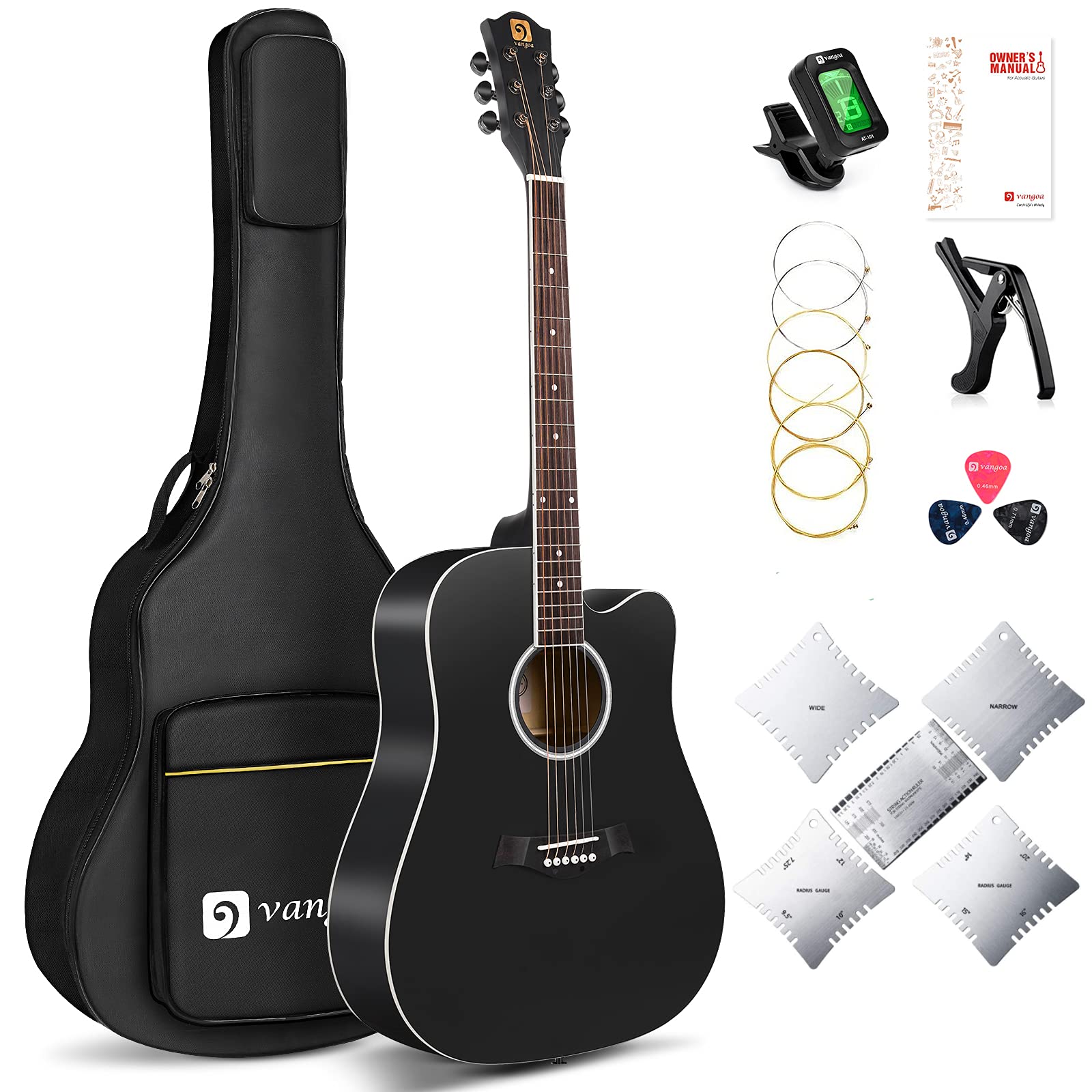 Vangoa 41 Inch Black Acoustic Guitar Starter Kit with Strings, Tuner, Picks & Case - Perfect for Beginners, Students & Home Practice | Full Size Steel String Guitar for Adults & Teens