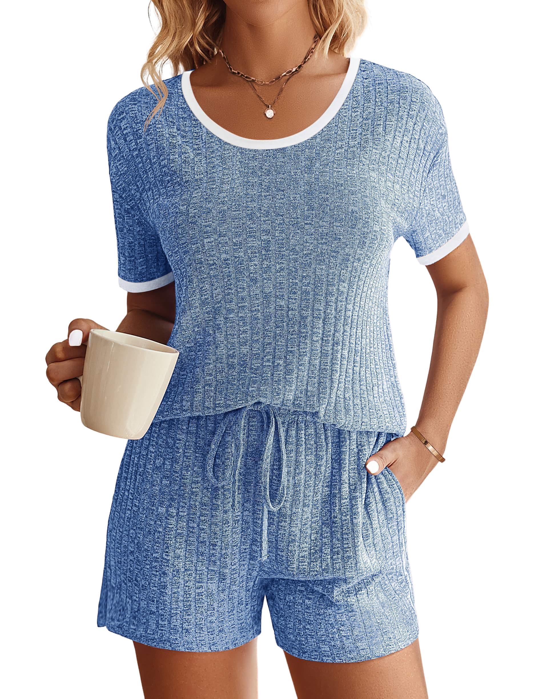 Anbech Women's 2 Piece Ribbed Pajama Set - Short Sleeve Sleepwear & Lounge Outfit for Cozy Nights, Relaxing at Home, and Gift Giving