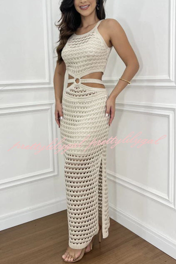 Elegant Knit Texture Ring Side Waist Cutout Stretch Maxi Dress for Women - Perfect for Date Night, Cocktail Parties & Summer Vacations