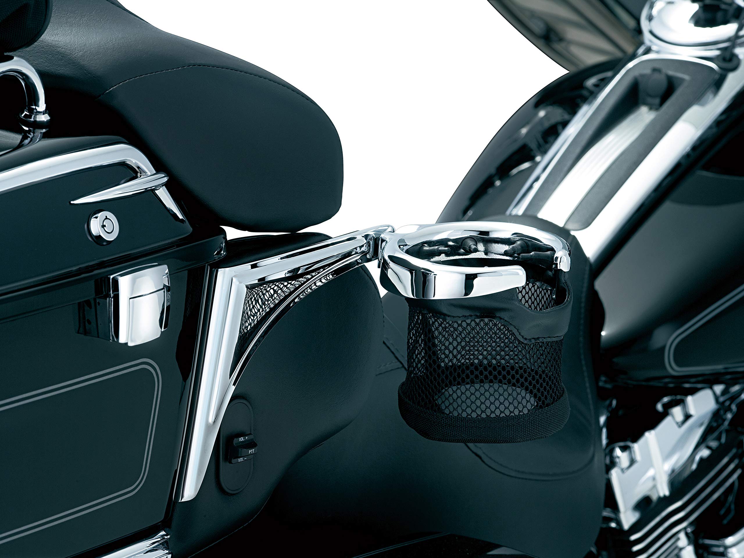 Kuryakyn 1482 Chrome Motorcycle Cup Holder with Mesh Basket - Right Side Passenger Drink Holder for 1998-2013 Harley-Davidson Bikes | Perfect for Road Trips & Long Rides