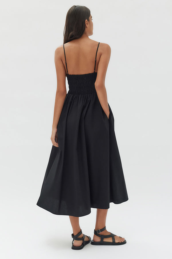 Aubrey Black Rouched Midi Dress - Elegant Bodycon Party Dress for Women | Perfect for Cocktail Parties, Date Nights & Special Occasions