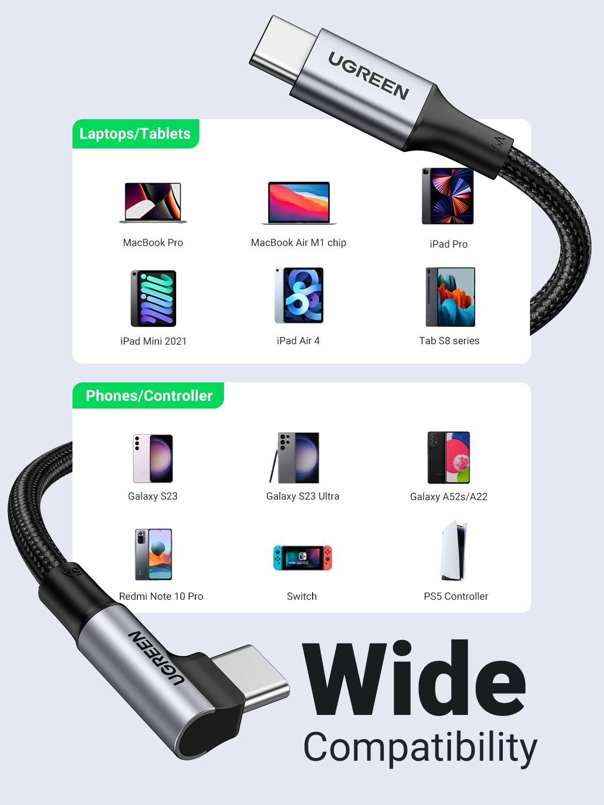 UGREEN 100W USB C to USB C Cable, 90 Degree Right Angle PD Fast Charging Cord for iPhone 16/15 Pro Max, MacBook Air, iPad, Galaxy S25/S24, PS5 Controller - 6ft Fast Charging Cable for Home, Office & Travel
