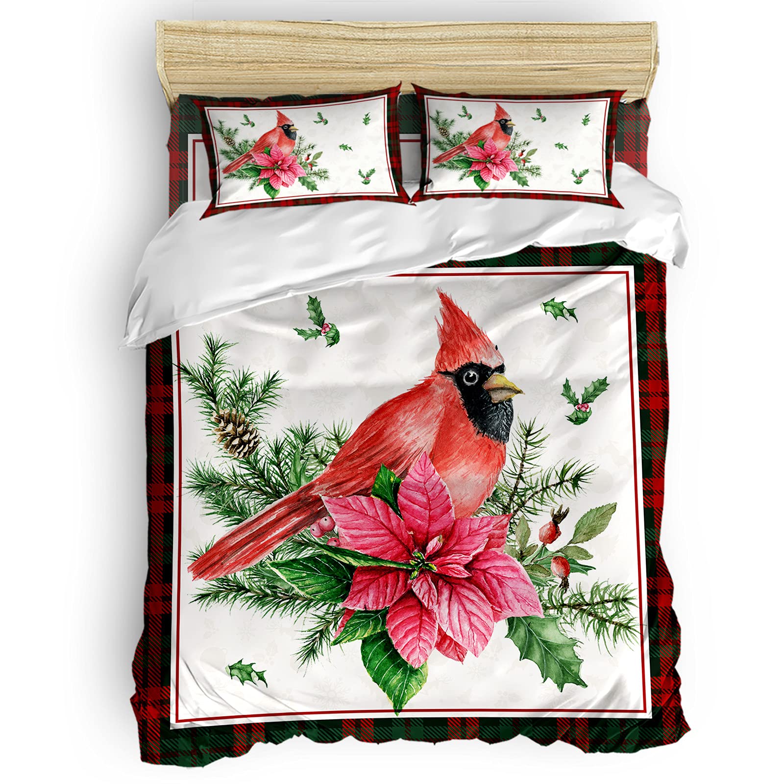 4Pcs Christmas Duvet Cover Set Twin Size - Red Cardinal Birds & Poinsettia Floral Pattern Buffalo Plaid Bedding Set with Zipper Closure | Holiday Home Decor for Bedroom, Guest Room & Cozy Winter Nights
