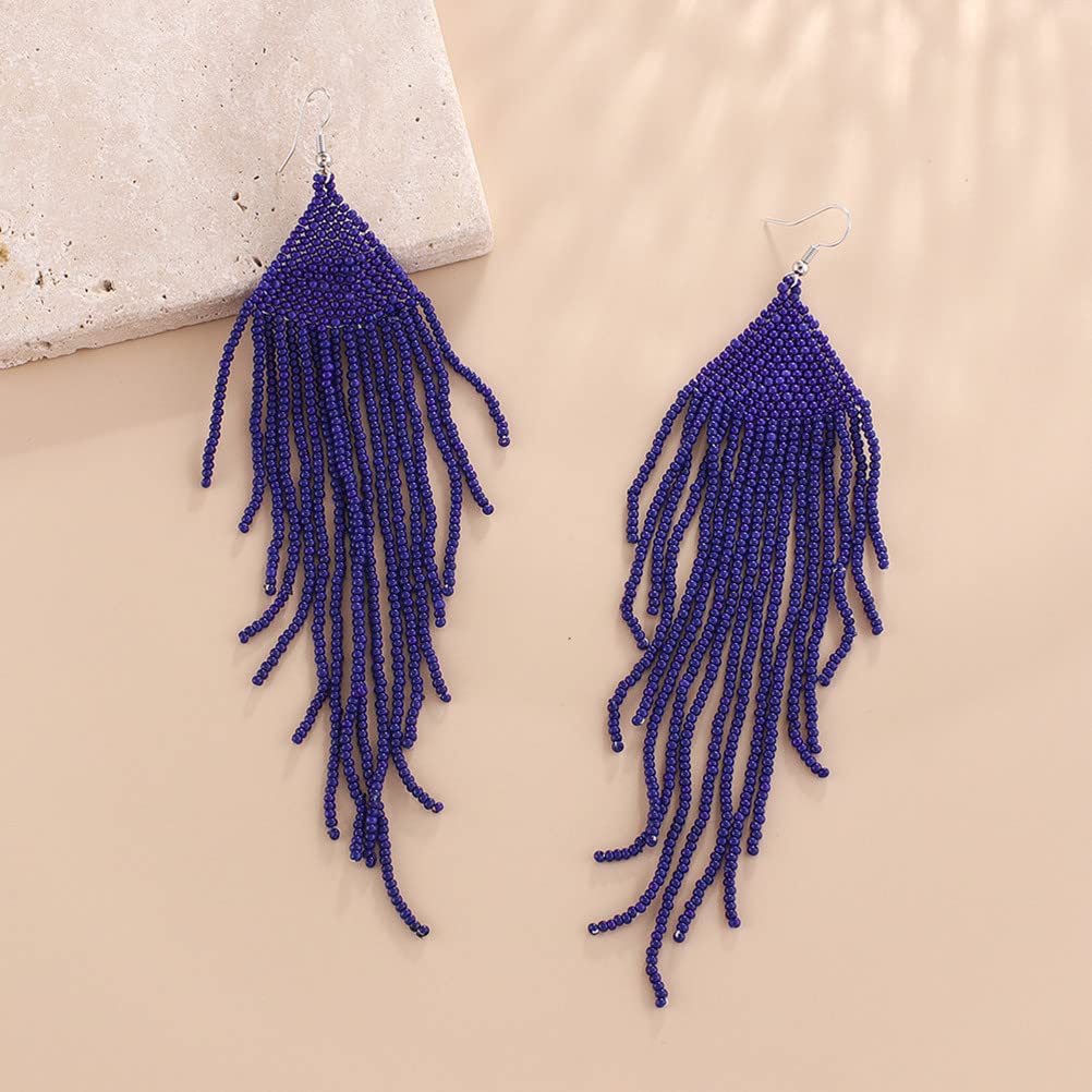 Handmade Long Beaded Tassel Earrings for Women - Boho Drop Fringe Dangle Earrings with Native Seed Beads | Perfect for Festivals, Weddings & Boho Fashion Outfits