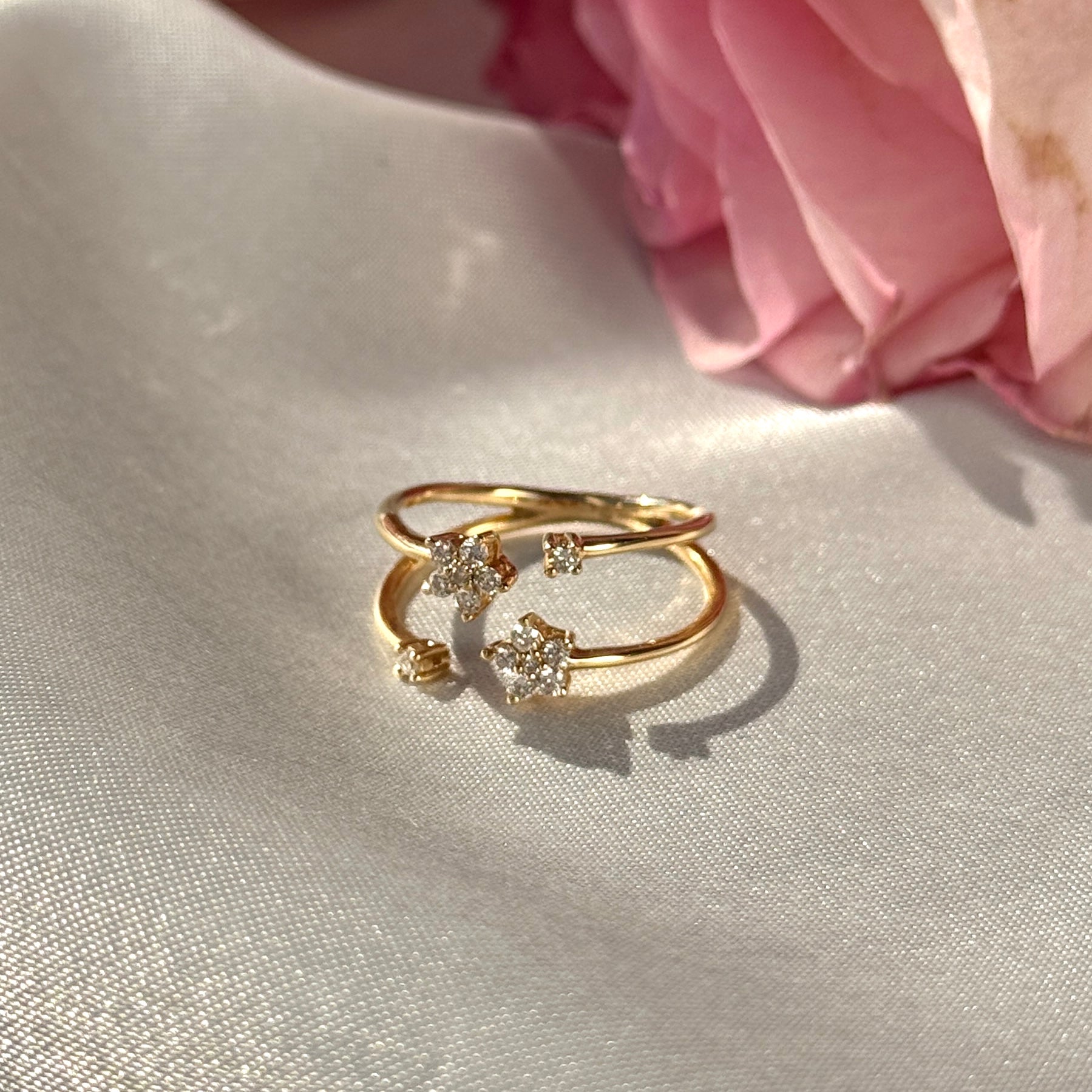 14k Yellow Gold Floating Diamond Flower Wrap Ring - Elegant Stackable Band for Everyday Wear & Special Occasions