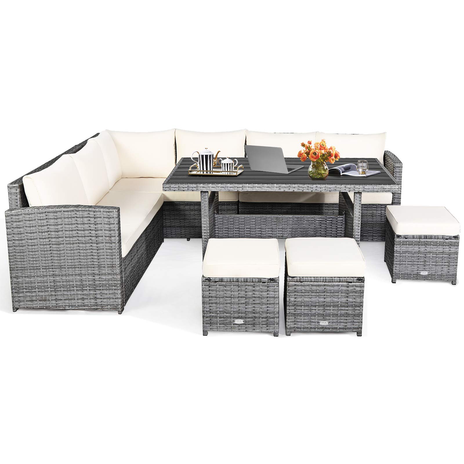 HAPPYGRILL 7-Piece Rattan Patio Furniture Set with Cushions - PE Wicker Outdoor Sofa, Dining Table & Ottomans for Backyard, Poolside, Balcony, Garden - Perfect for Relaxing, Entertaining & Outdoor Dining