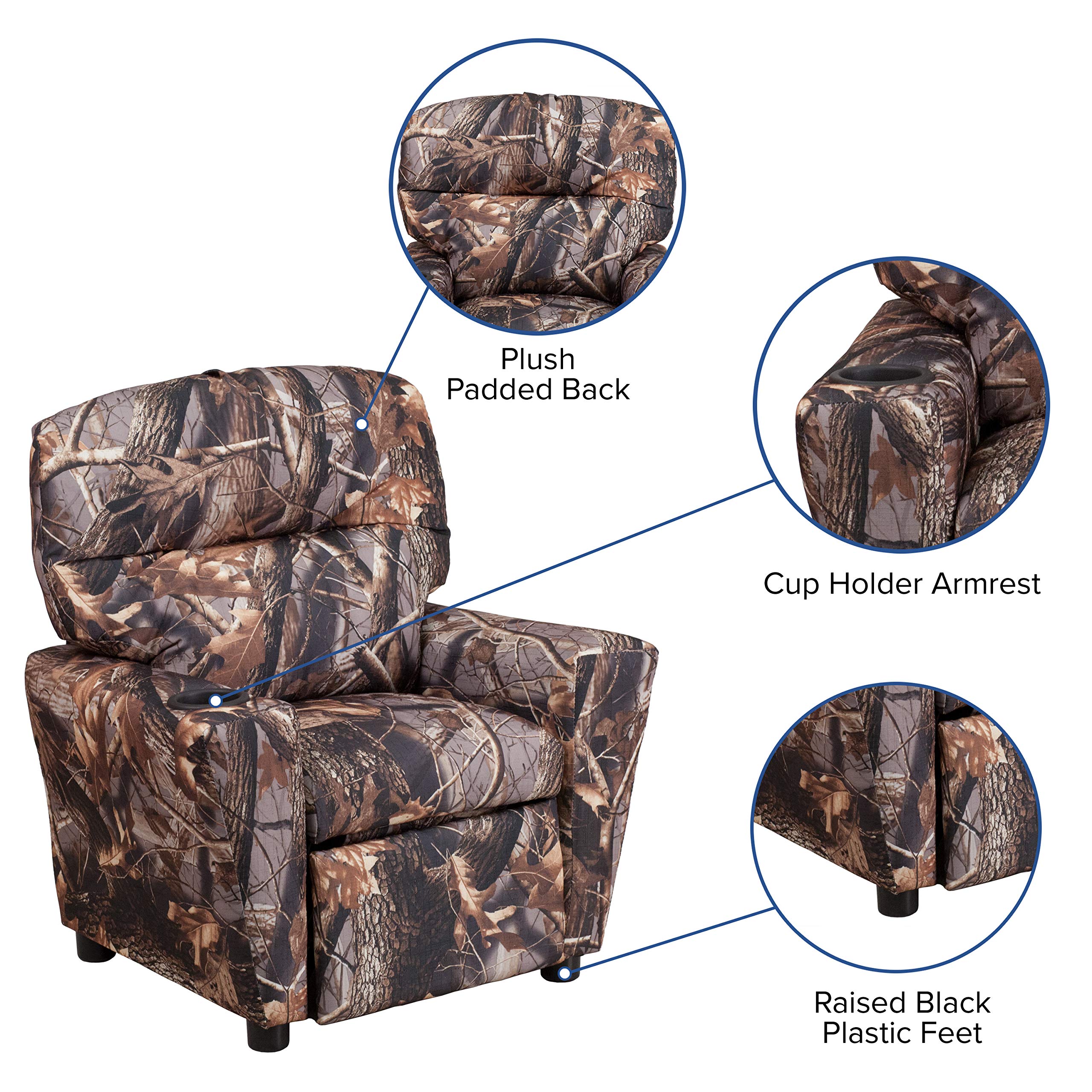 Emma & Oliver Camouflage Kids Recliner Chair with Cup Holder - Comfortable Children's Armchair for Bedroom, Playroom & TV Watching