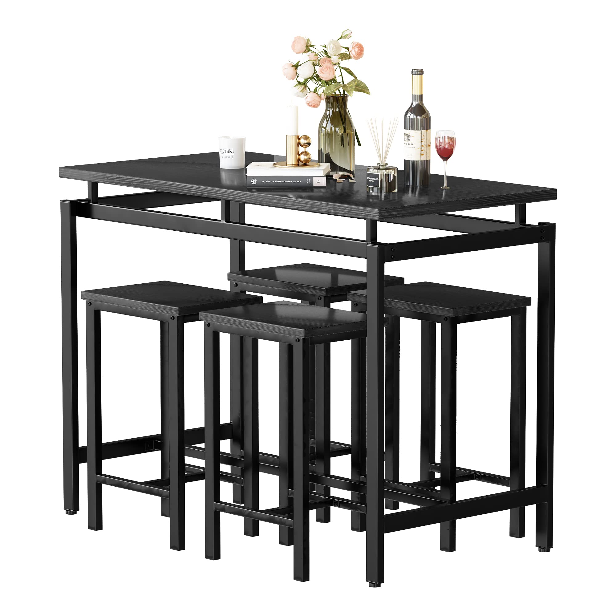 Modern 5-Piece Dining Table Set for 4 with Wooden Top & Adjustable Metal Legs - Compact Kitchen Table and Chairs for Small Spaces - Perfect for Apartments, Breakfast Nooks & Cozy Dining Areas