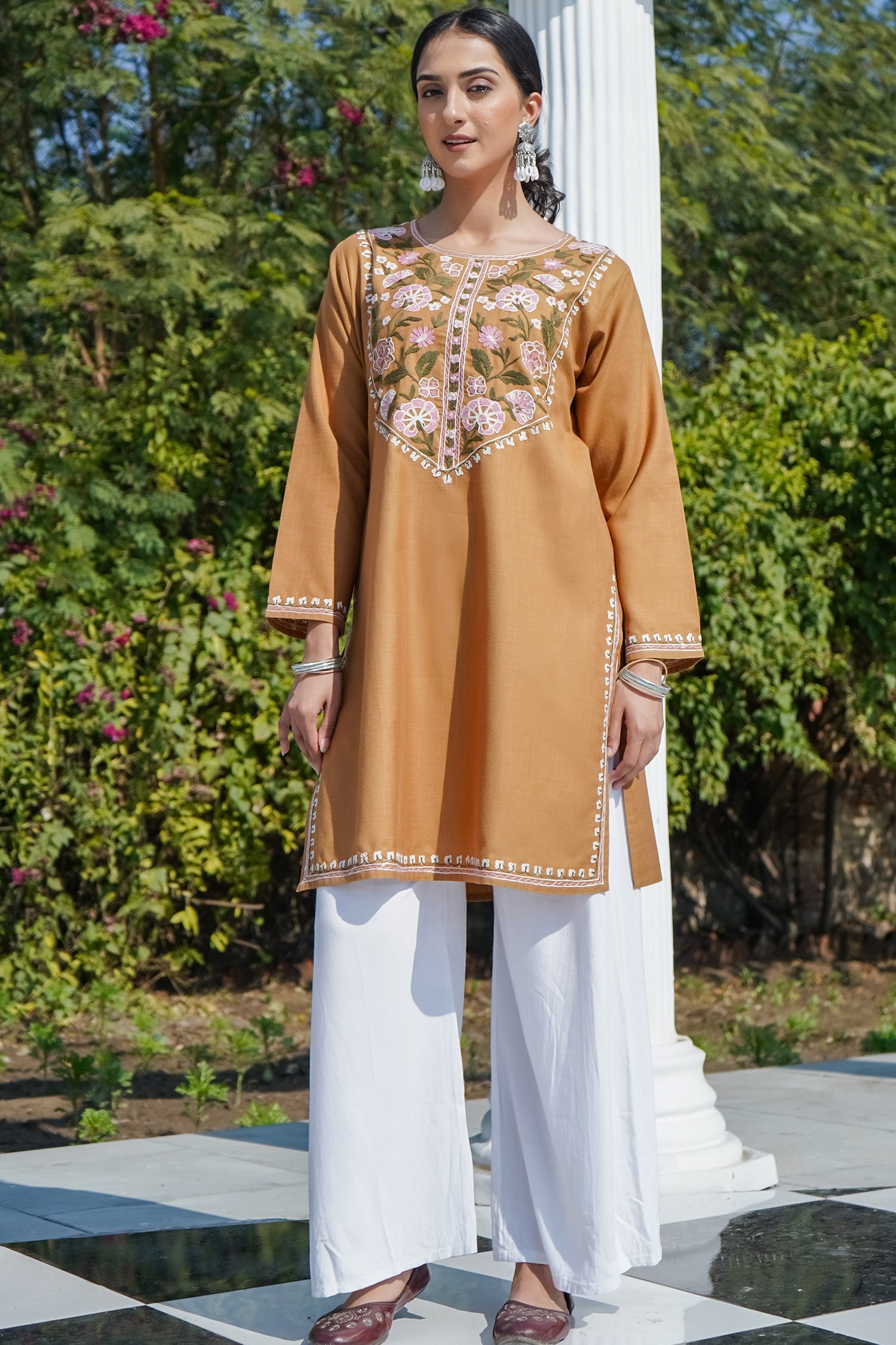 Handmade Kashmiri Aari Work Cotton Short Kurta for Men & Women - Comfortable Brown Ethnic Top for Casual Wear & Festivals