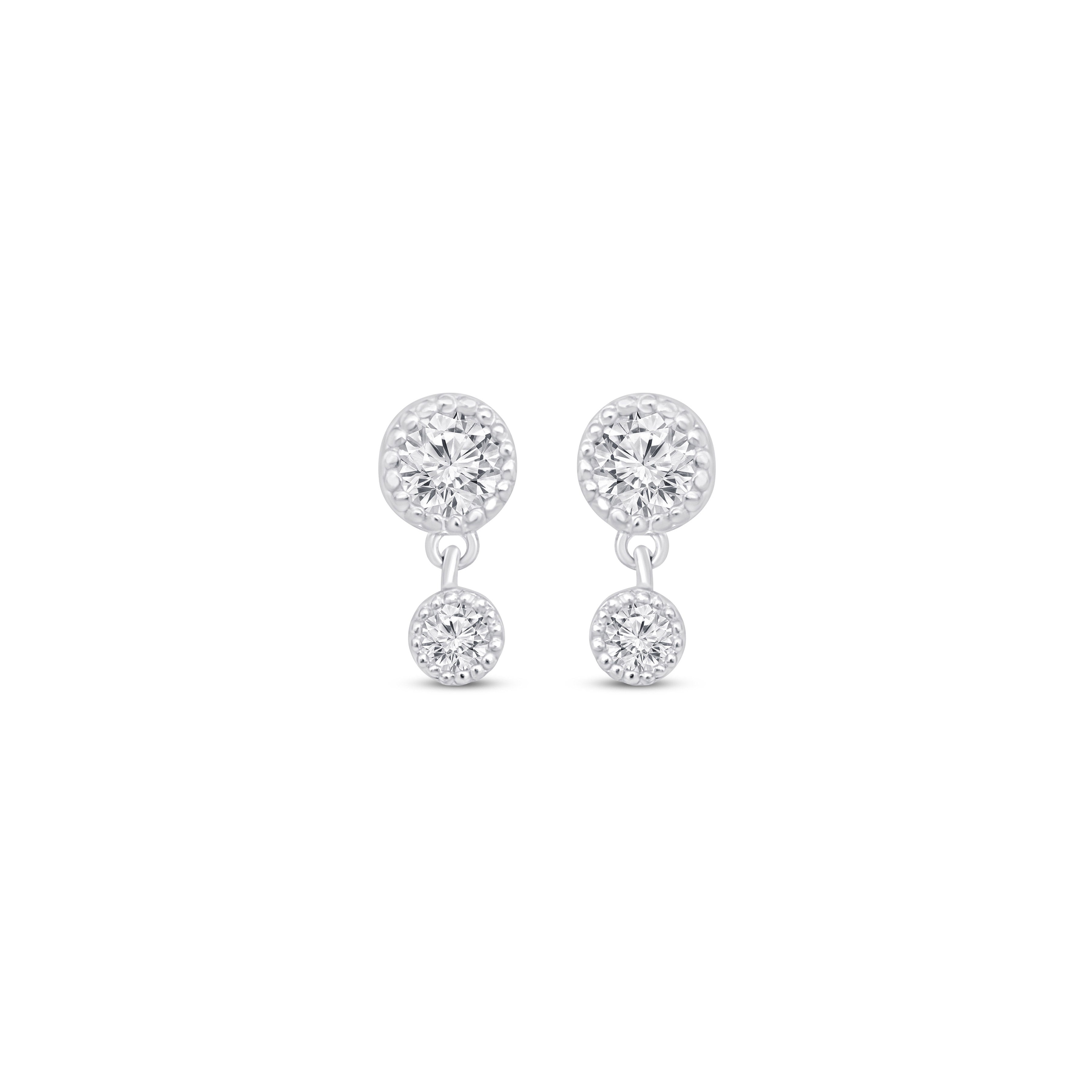 14K White Gold Double Diamond Drop Flat Back Stud Earrings - Elegant & Durable for Everyday Wear, Parties & Special Occasions