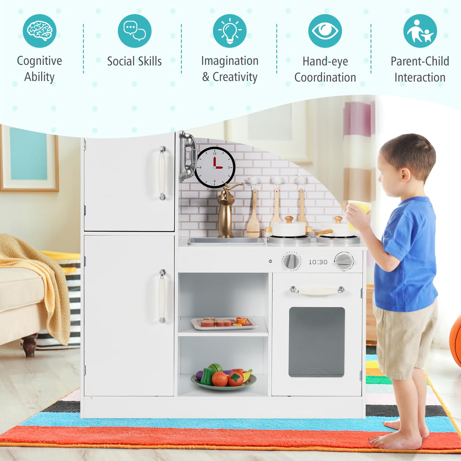 Costzon Wooden Kids Play Kitchen Set with Utensils, Oven, Sink & Accessories - Pretend Cooking Toy for Toddlers Age 3+ (White) | Perfect for Imaginative Play, Birthday Gifts & Preschool Learning