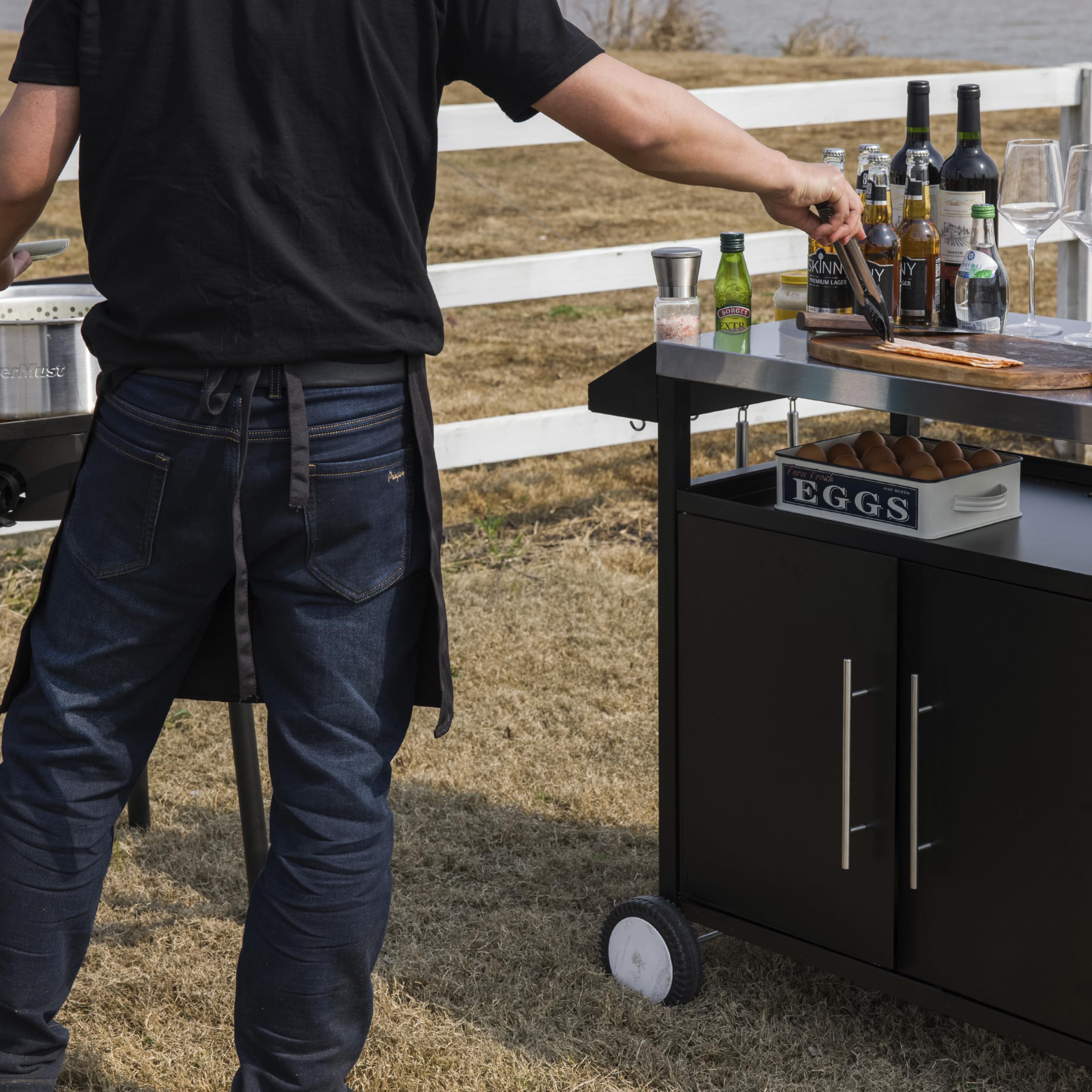 Premium Outdoor Grill Table & Kitchen Cabinet - Portable Prep Station with Storage for BBQ, Pizza Oven & Entertaining | Silver & Black | Patio, Backyard & Camping Use
