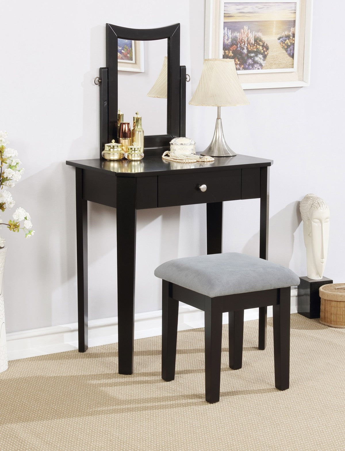 Anabella Vanity Set with Stool - Black Makeup Dressing Table for Bedroom & Bathroom | Elegant Vanity Desk with Mirror & Storage