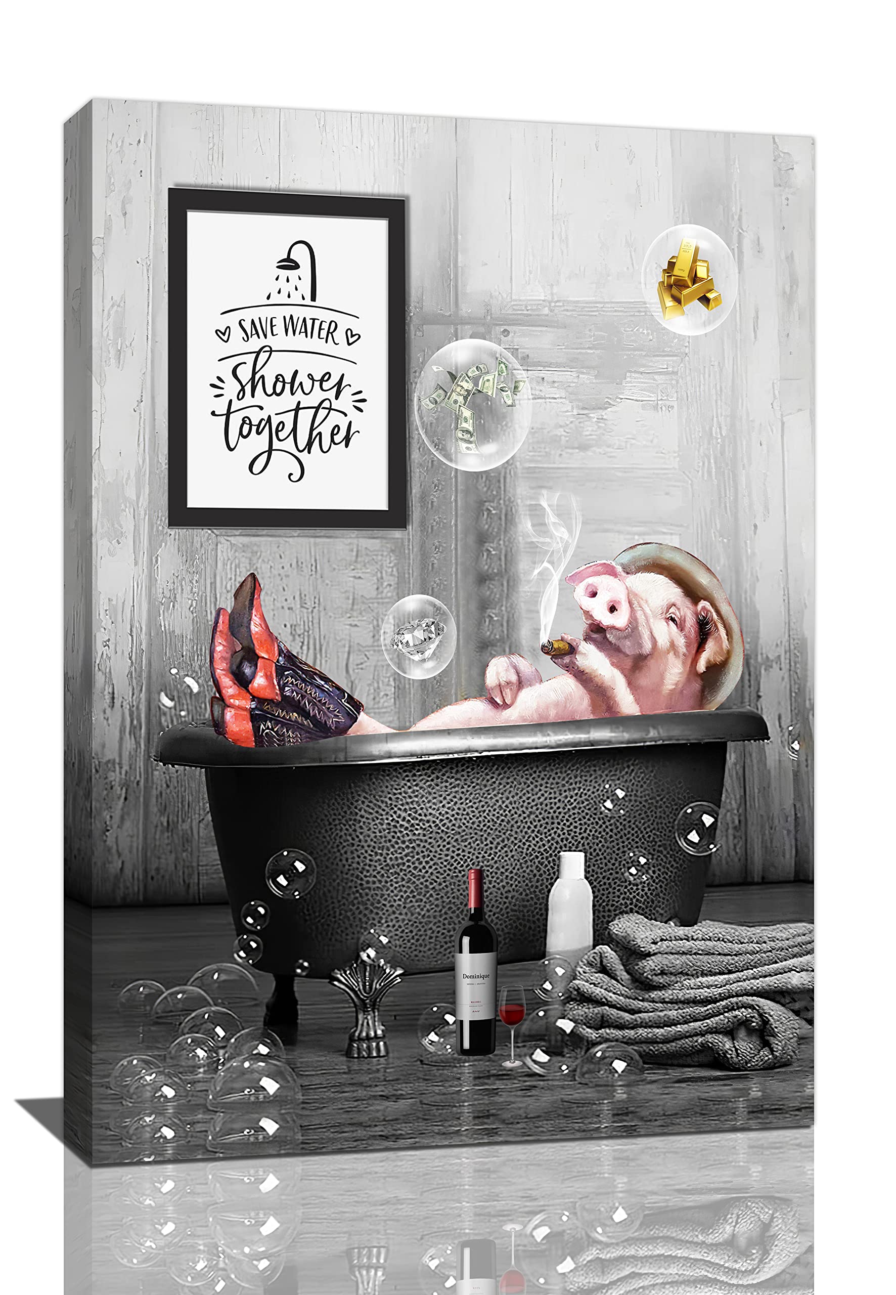 Funny Pig Bathtub Canvas Art - Black & White Bathroom Decor for Home & Office 16