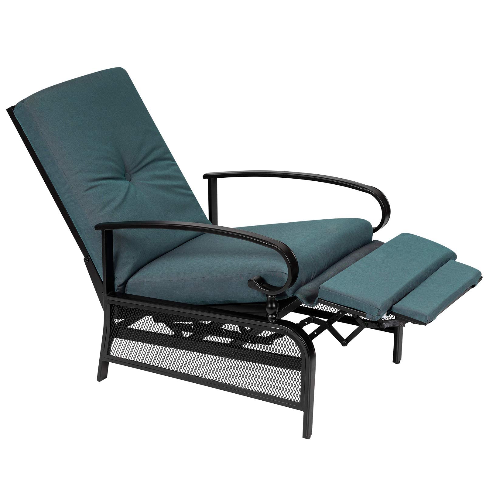 Crownland Outdoor Patio Furniture Set - Adjustable Reclining Lounge Chairs with Peacock Blue Removable Cushions, Black Metal Recliners for Backyard, Poolside & Garden Relaxation