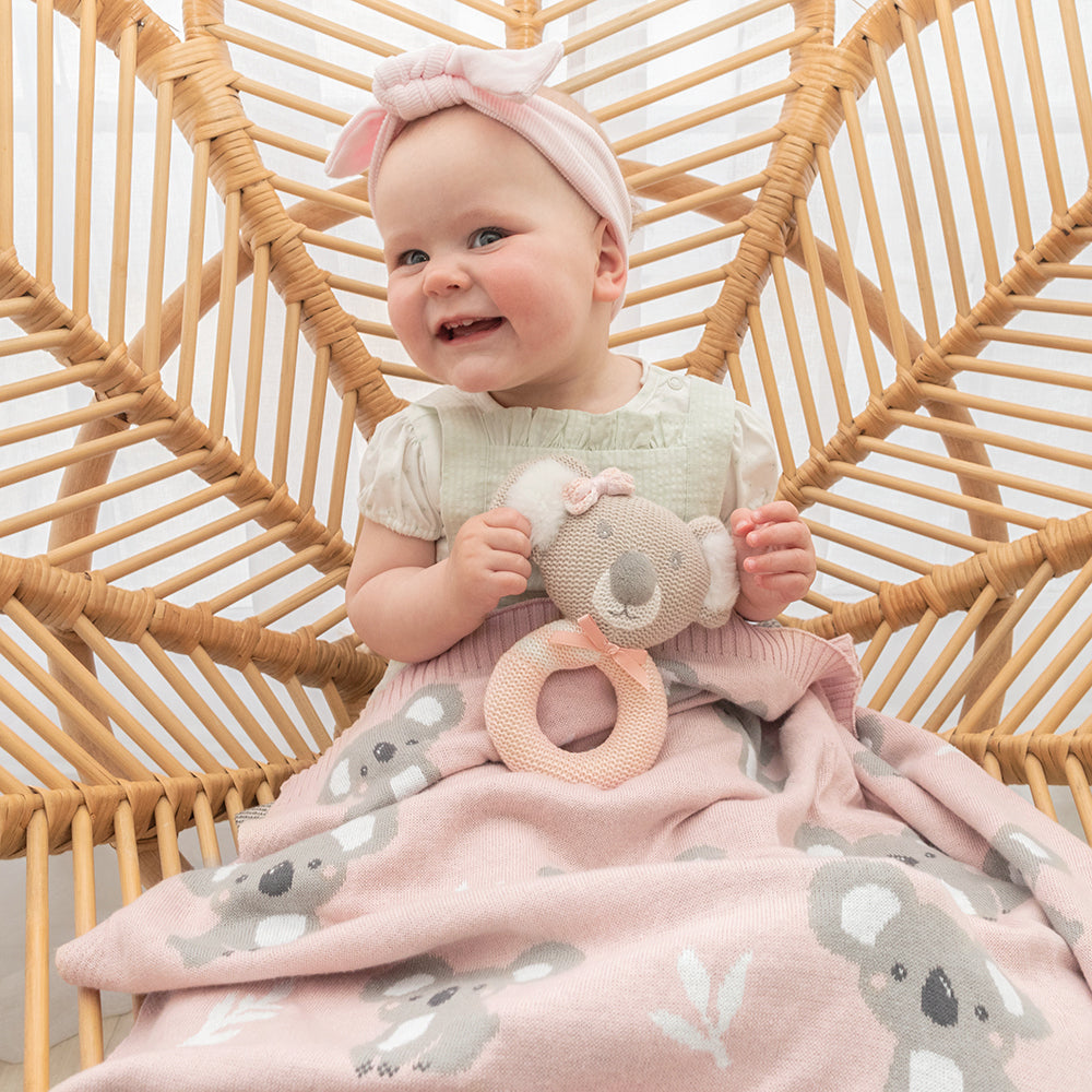 Soft Cotton Knit Australiana Baby Blanket - Blush Koala Design | Perfect for Nursery, Stroller & Gift Giving
