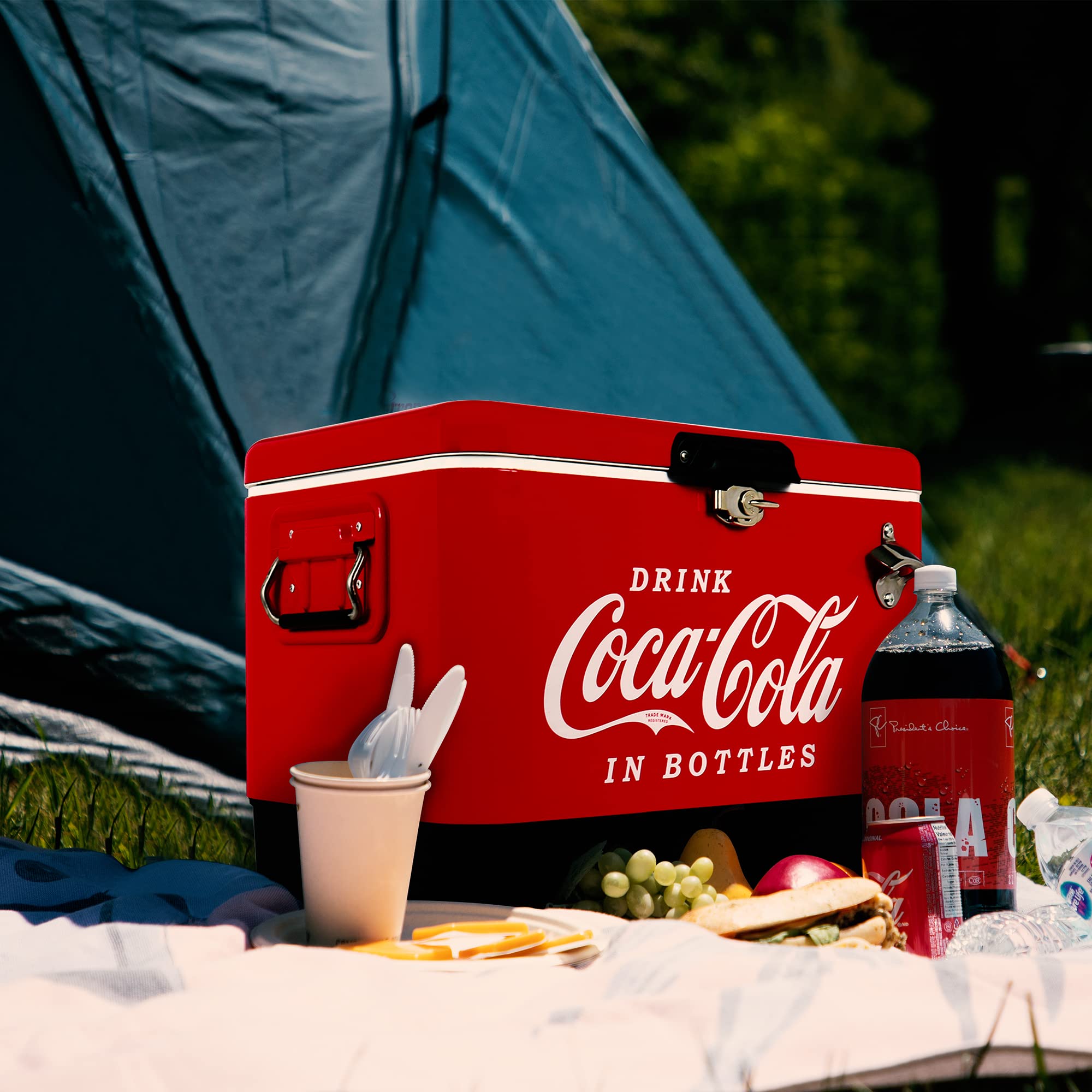 Premium Coca-Cola 51L (54 qt) Portable Ice Chest Cooler with Bottle Opener - Holds 85 Cans - Red & Black Insulated Beverage Cooler for Camping, Beach, RV, BBQs, Tailgating, Fishing & Outdoor Adventures