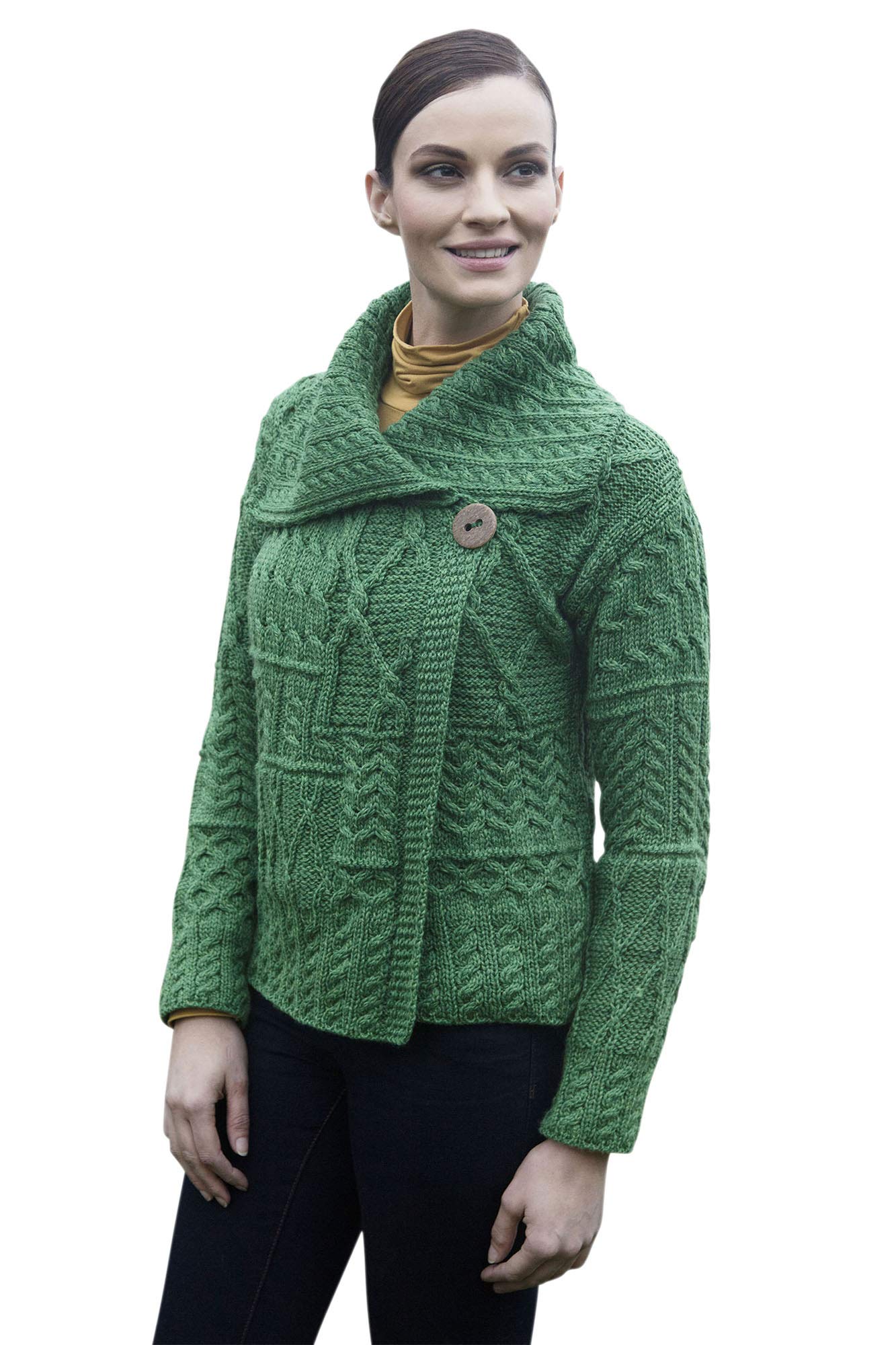 Stylish Ladies Patchwork 1 Button Collar Merino Wool Irish Cardigan Sweater | Warm Winter Knitwear for Women | Perfect for Office, Date Night & Casual Outings