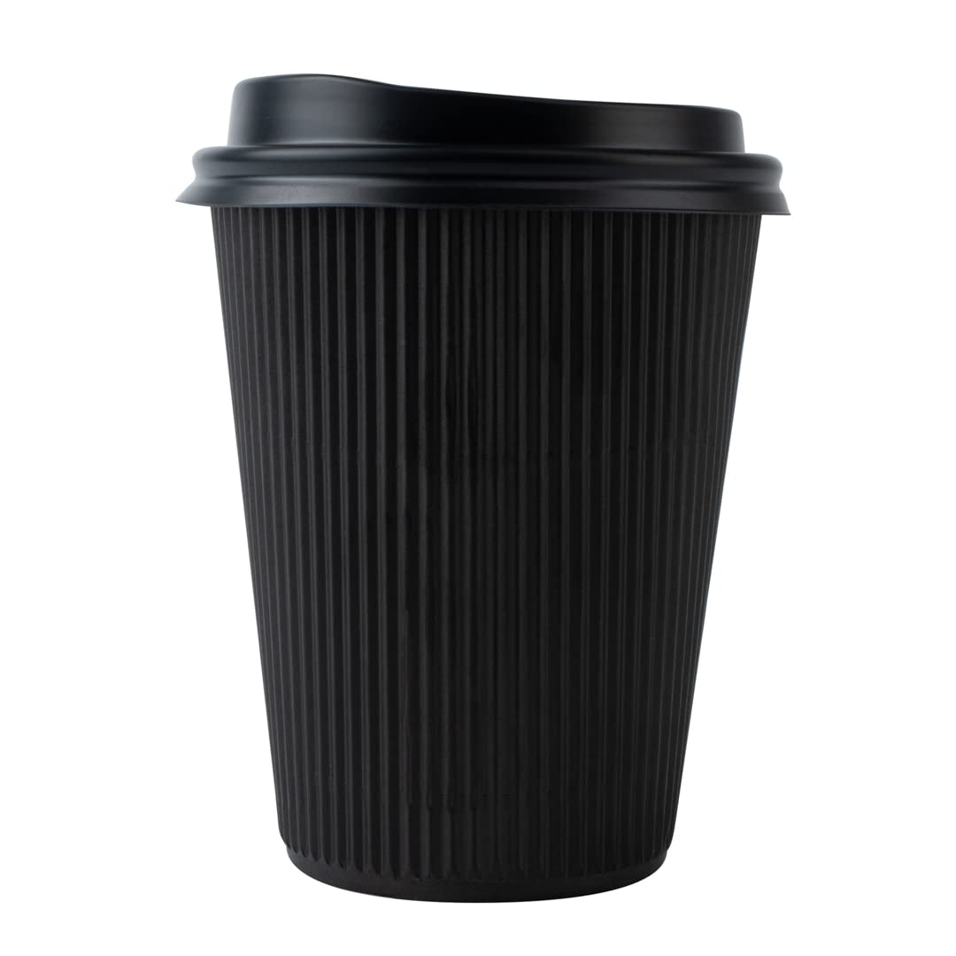 Restaurantware 12oz Insulated Coffee Cups with Lids - 20 Pack Black Ripple Wall Hot Cups | Leakproof & Non-Slip Disposable Paper Cups for Coffee, Tea, Hot Chocolate, Latte | Perfect for Cafes, Offices & Home Use