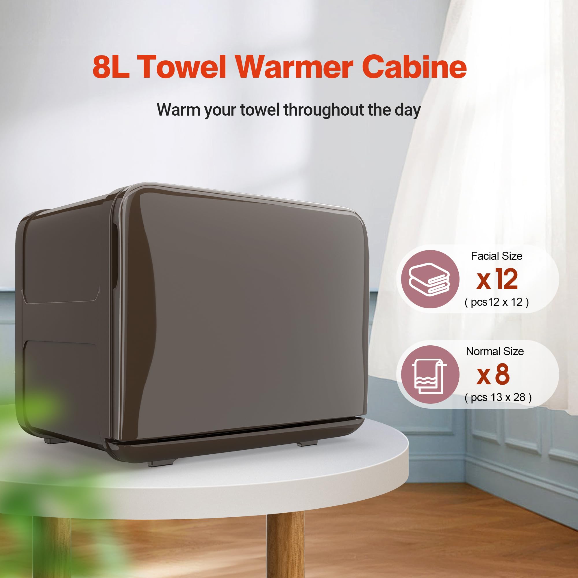 Premium 8.5L Towel Warmer Cabinet - Fast Heating All-Aluminum Liner Holds 12 Wet Facial Towels | Perfect for Spa, Salon, Hair Beauty & Home Luxury | Brown Bathroom Essential for Warm Towel Comfort