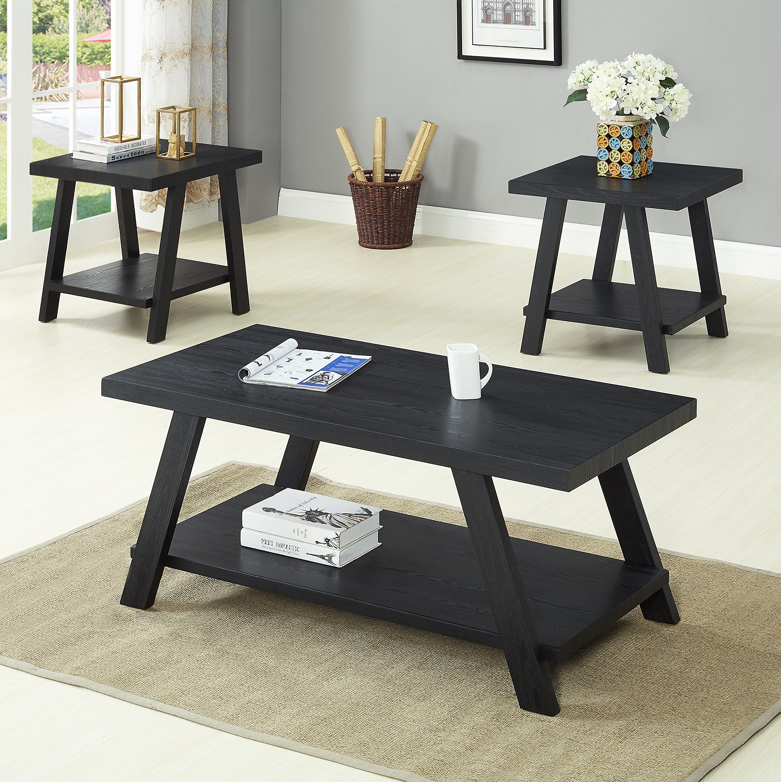 3-Piece Living Room Table Set - Coffee Table & 2 End Tables with Wood Storage Shelf, Modern Side Table for Living Room, Bedroom, Office - Black (48