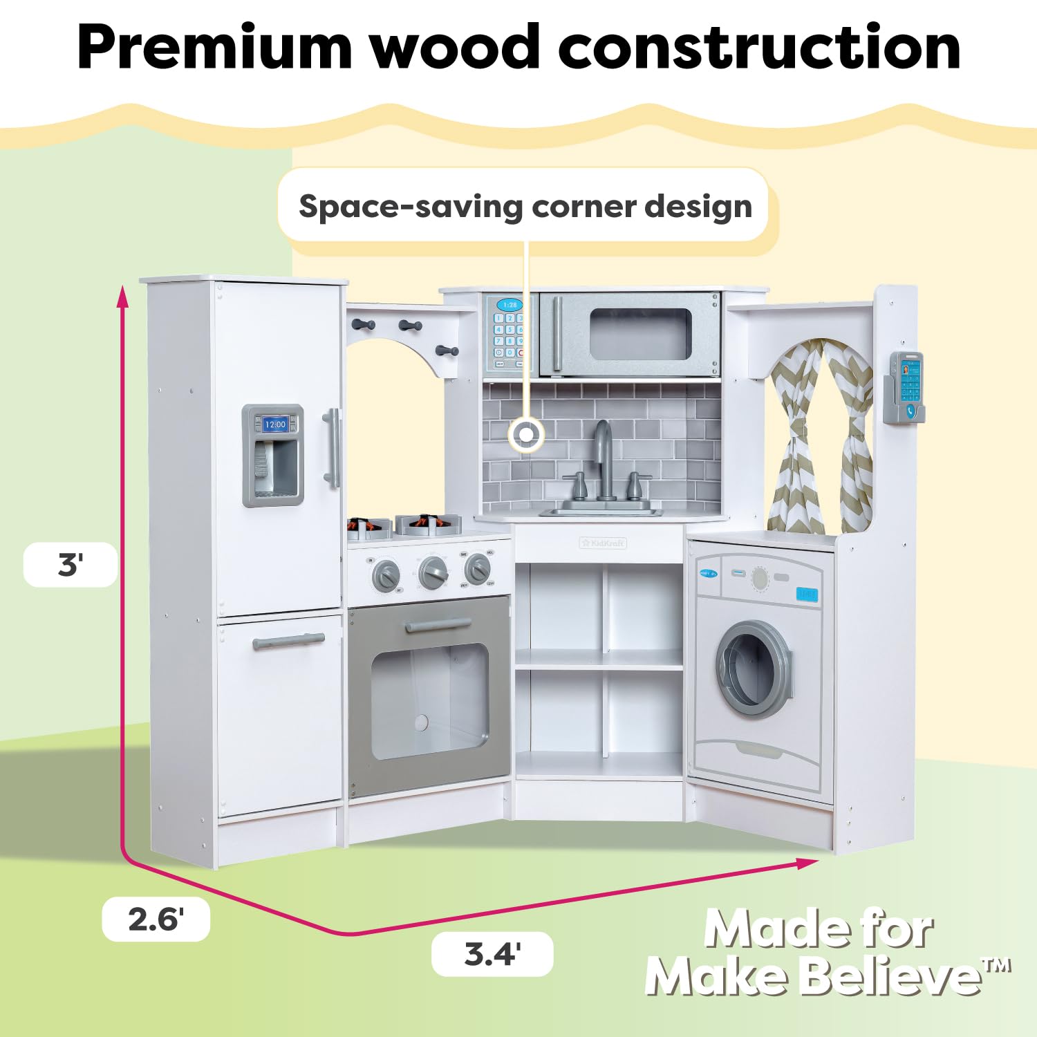 KidKraft Ultimate Corner Wooden Play Kitchen Set with Lights & Sounds - White Pretend Play Toy for Toddlers & Kids - Includes Play Phone & Curtains - Perfect for Imaginative Play, Role Playing & Early Learning Activities