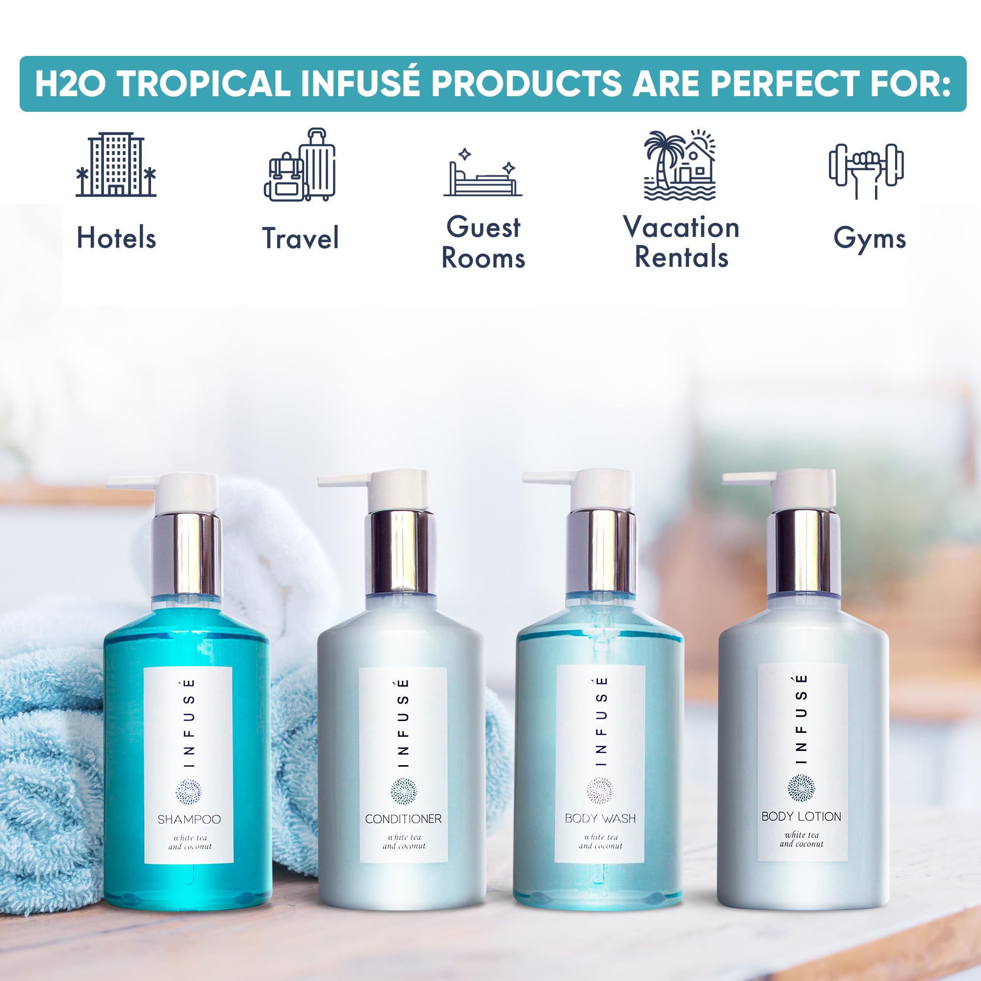1-Shoppe Infuse 4 Piece Ecobox All-In-Kit | White Tea & Coconut Scented Soap, Shampoo, Conditioner, Body Wash & Lotion Set | 10.14 oz Travel-Size Toiletries | Bulk Hotel Amenities & Personal Care Products for Home, Gym & Vacation Use