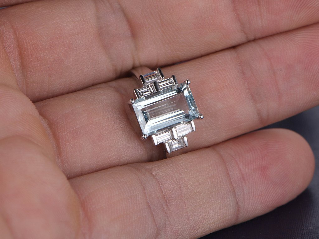 Blue Aquamarine Wedding Ring Set - 6x11mm Emerald Cut Gemstone & Diamond Band in White Gold for Stacking & Bridal Jewelry