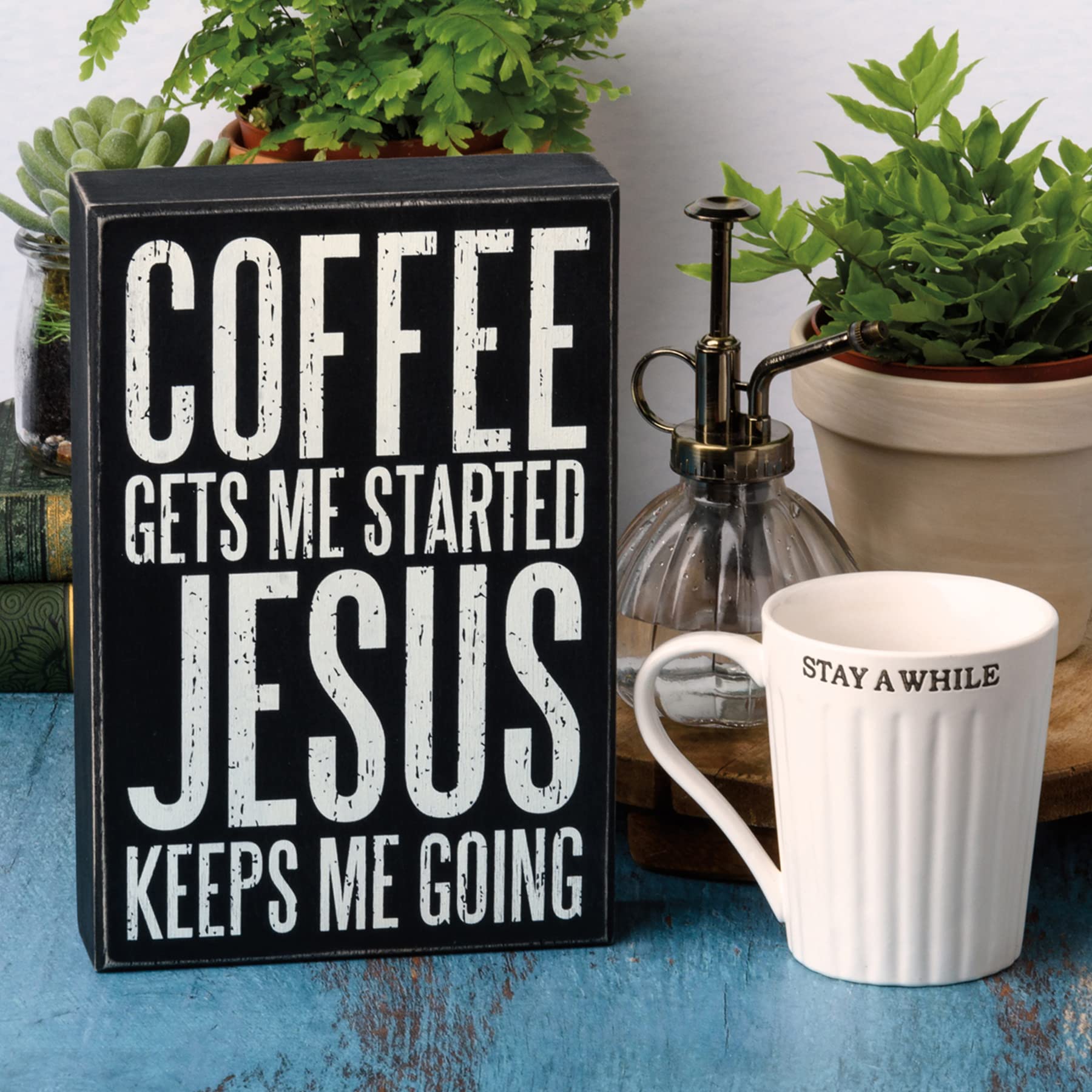 Box Sign - Coffee Gets Me Started - Funny Coffee Lover Gift for Home, Office & Kitchen Decor - Perfect for Coffee Enthusiasts & Baristas