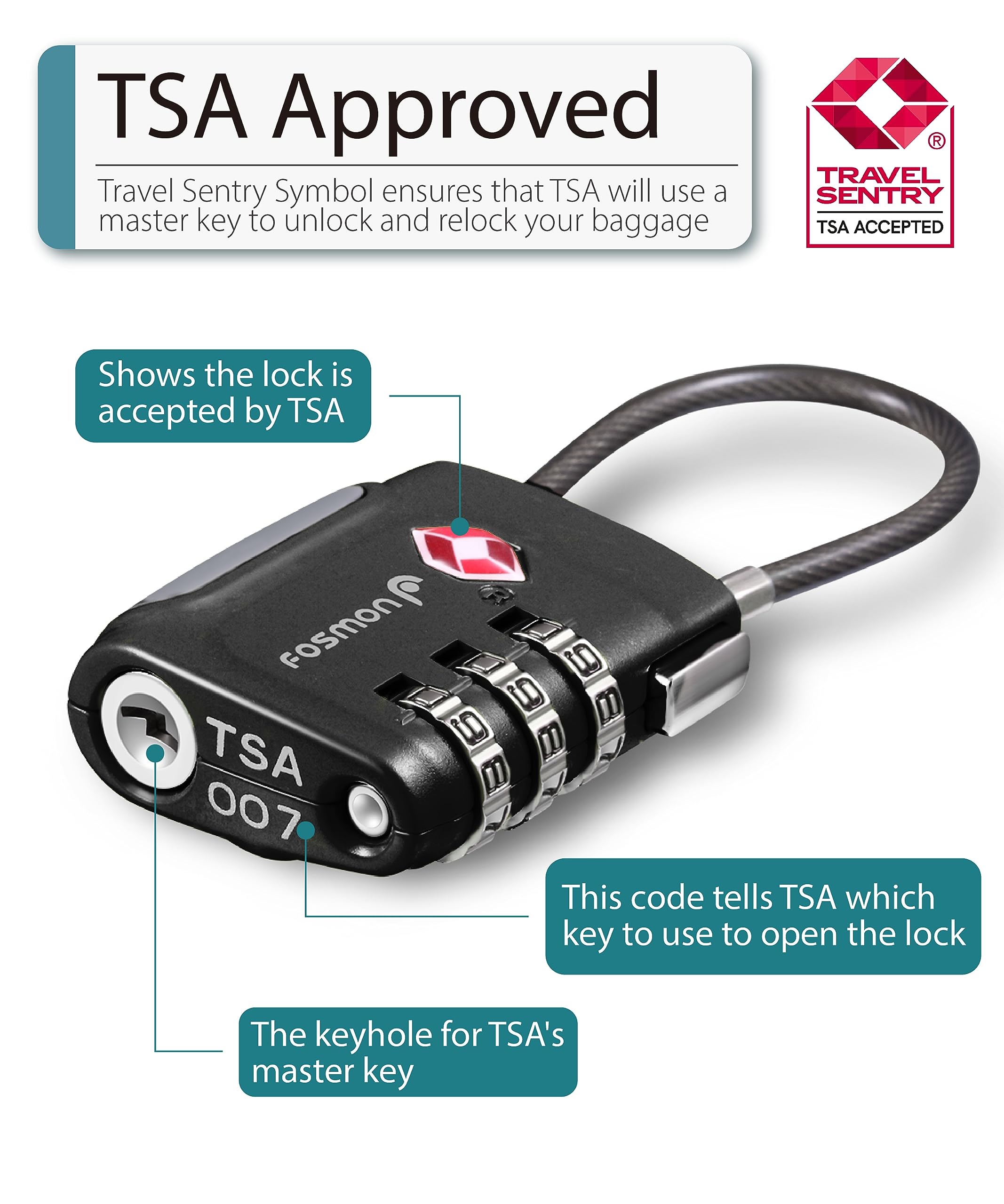 Fosmon TSA Approved 3-Digit Combination Cable Locks for Luggage, Suitcases, Backpacks & Gun Cases - Secure Push-Release Wire Lock with Long Shackle | Travel, Gym & Storage Protection