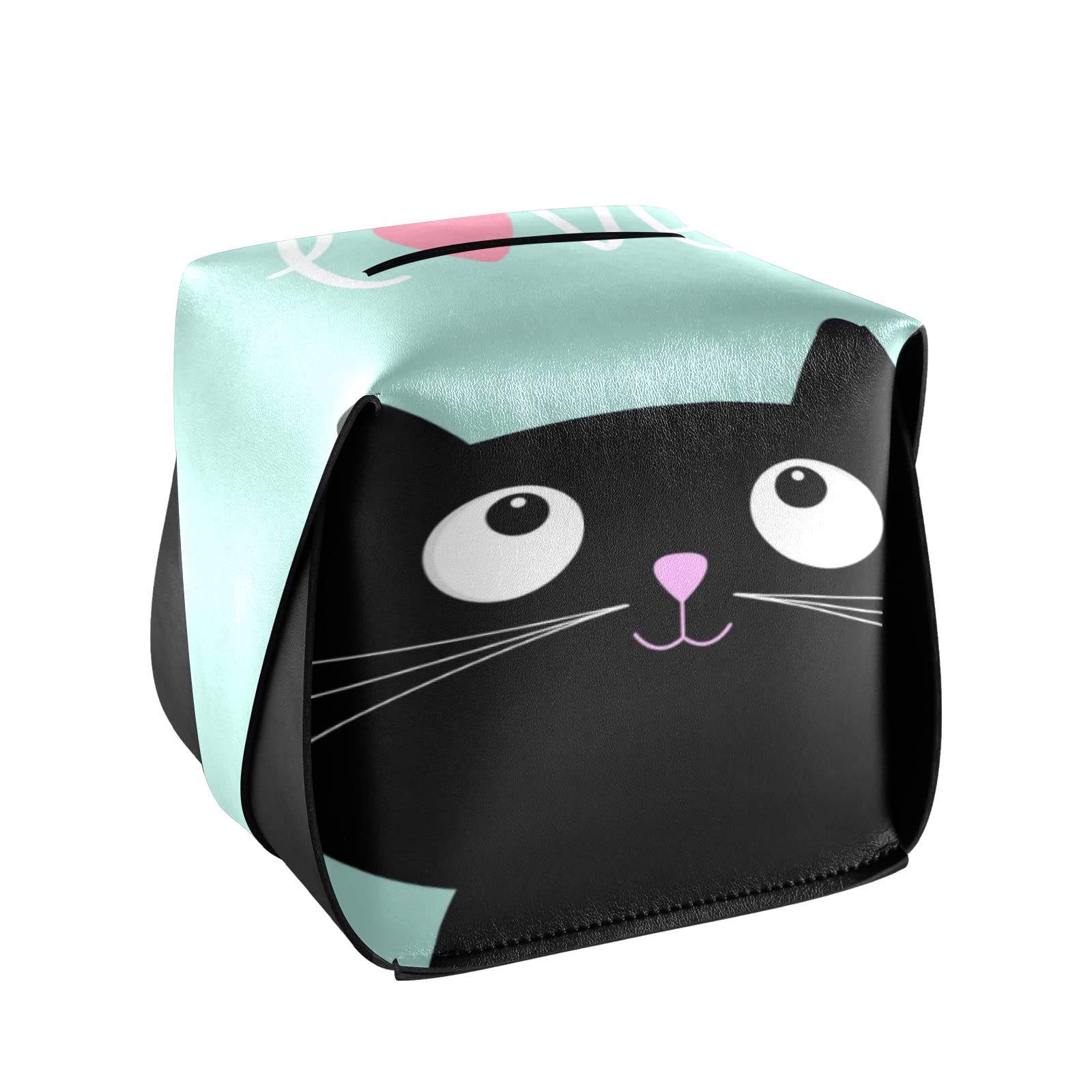 ALAZA Cartoon Cat Kitten Heart Leather Tissue Box Cover - Cute Home & Office Tissue Box Holder Organizer (5.7 x 5.7 x 5.7 Inches) - Perfect for Bathroom, Desk, Living Room & Gift Giving
