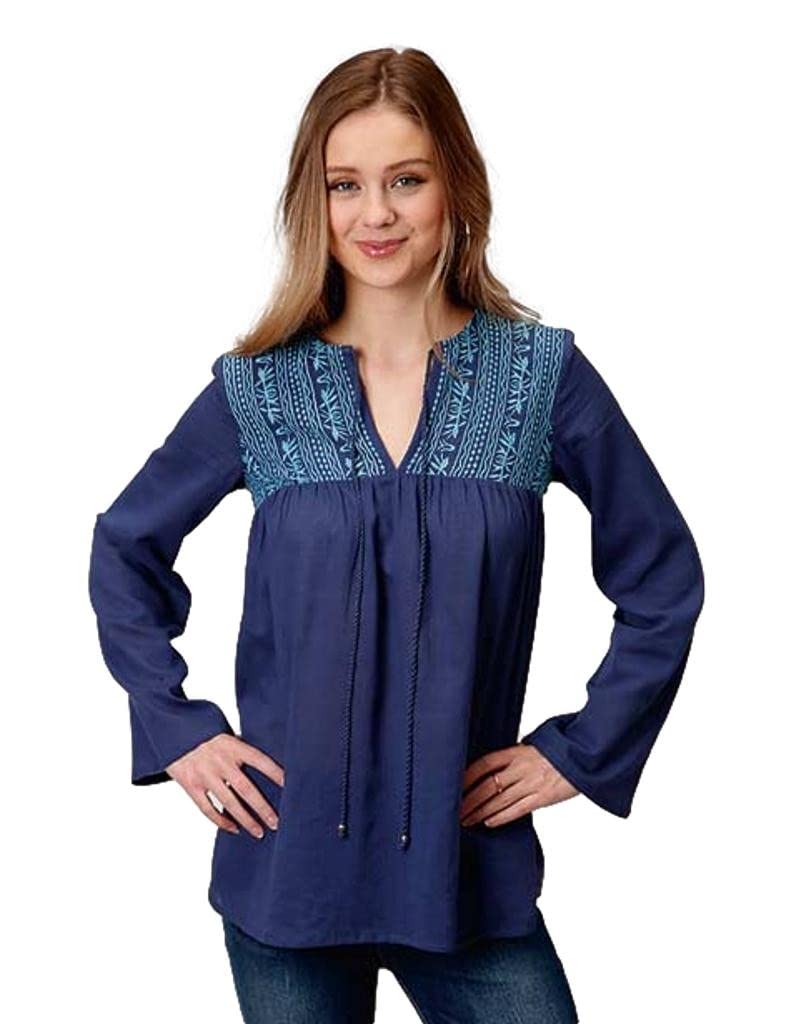 ROPER Women's Cotton Crepe Embroidered Peasant Blouse - Flowy Boho Top for Casual Wear, Date Night & Summer Outfits