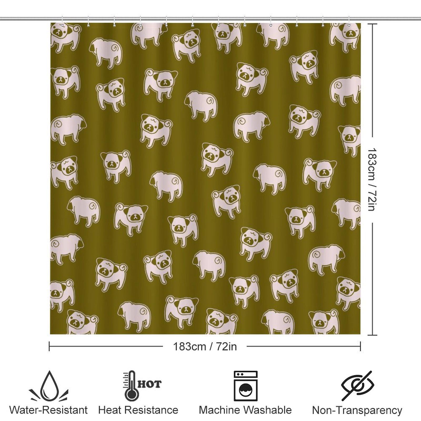 Pug Shower Curtain Set - 4PCS Bathroom Decor with Non-Slip Rug for Pet Lovers