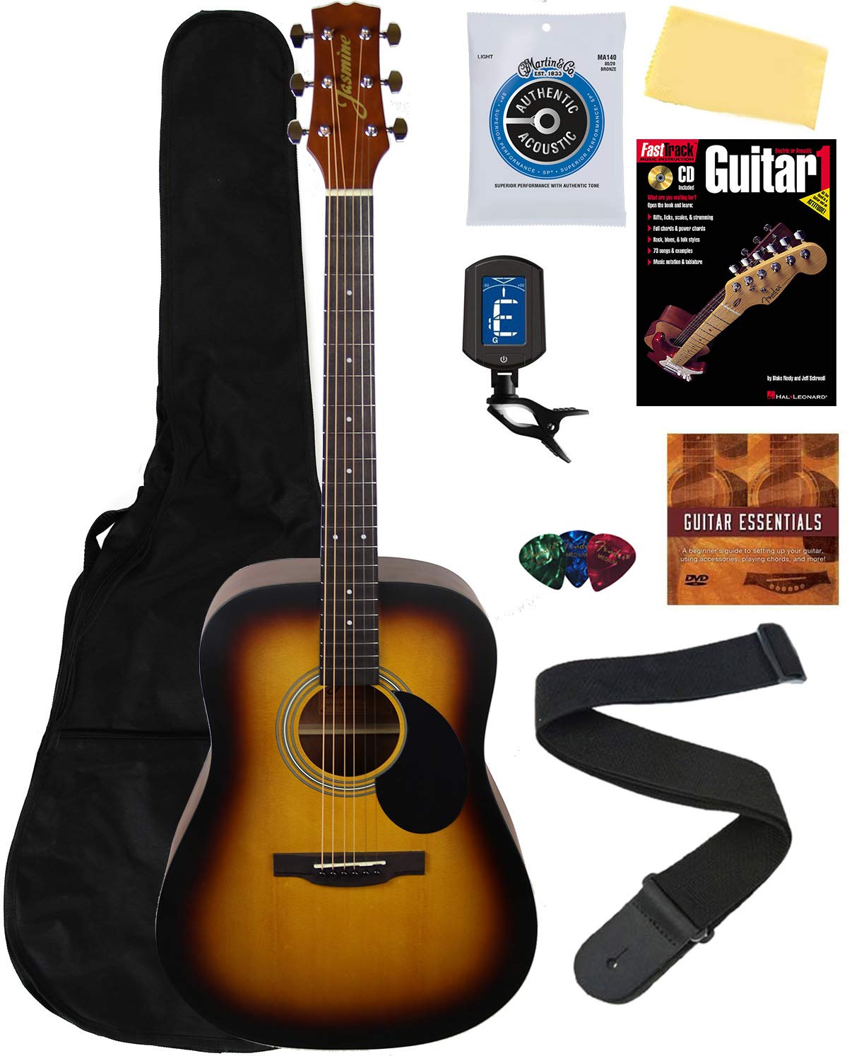 Jasmine S35 Acoustic Guitar Bundle - Matte Sunburst Finish with Gig Bag, Tuner, Strap, Picks & Accessories | Perfect for Beginners, Campfires & Home Practice