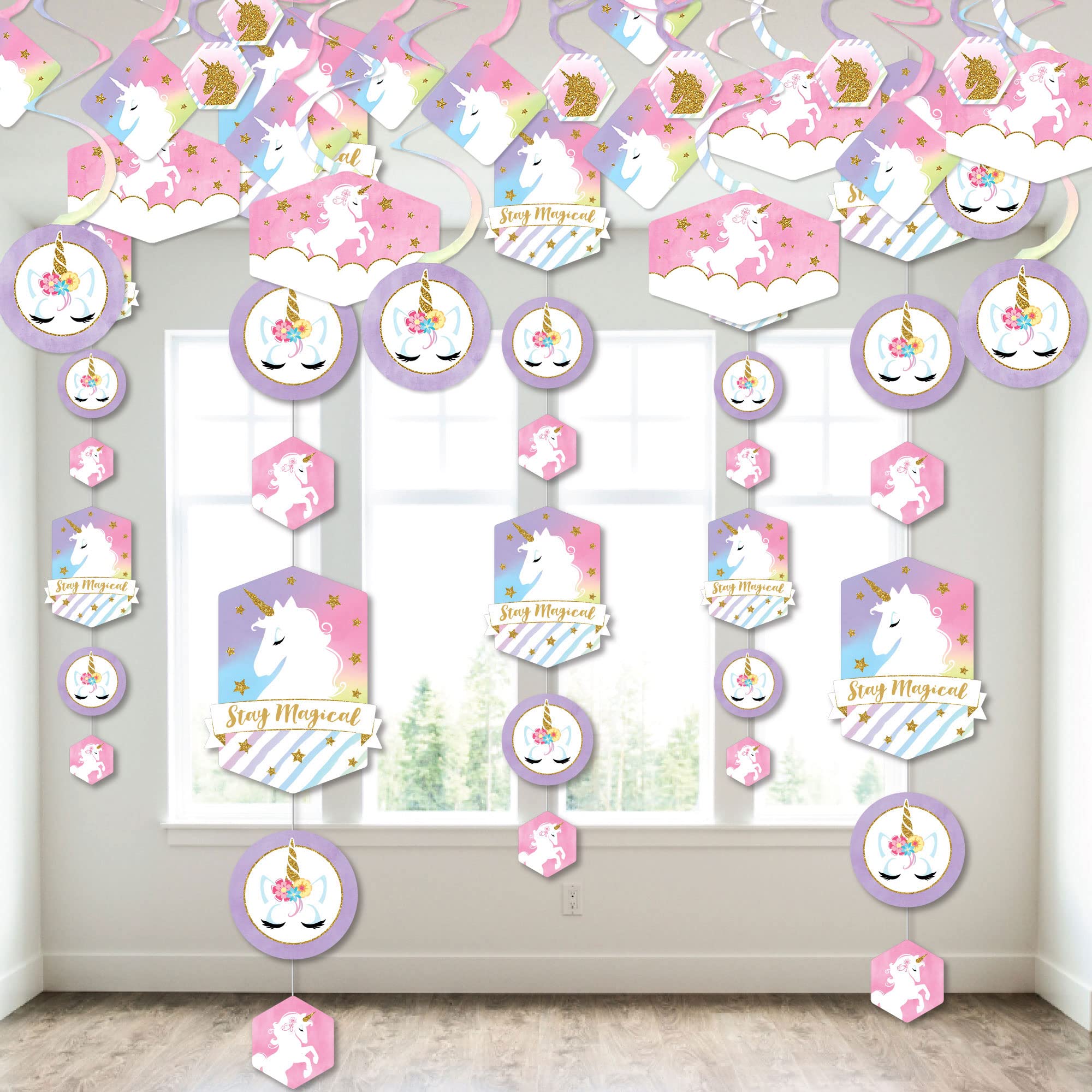 Big Dot of Happiness Rainbow Unicorn Hanging Decorations - Baby Shower & Birthday Party Vertical Swirls Decor Virtual Bundle | Perfect for Nursery, Kids Room & Virtual Celebrations