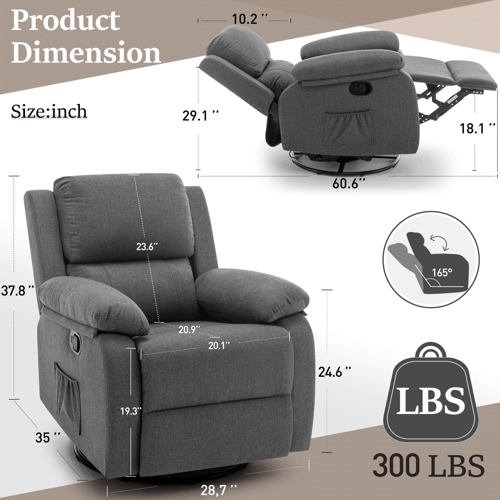 360° Swivel Rocking Recliner Chair for Adults - Small Space Fabric Upholstered Glider with Side Pockets - Perfect for Living Room, Nursery & Small Apartments