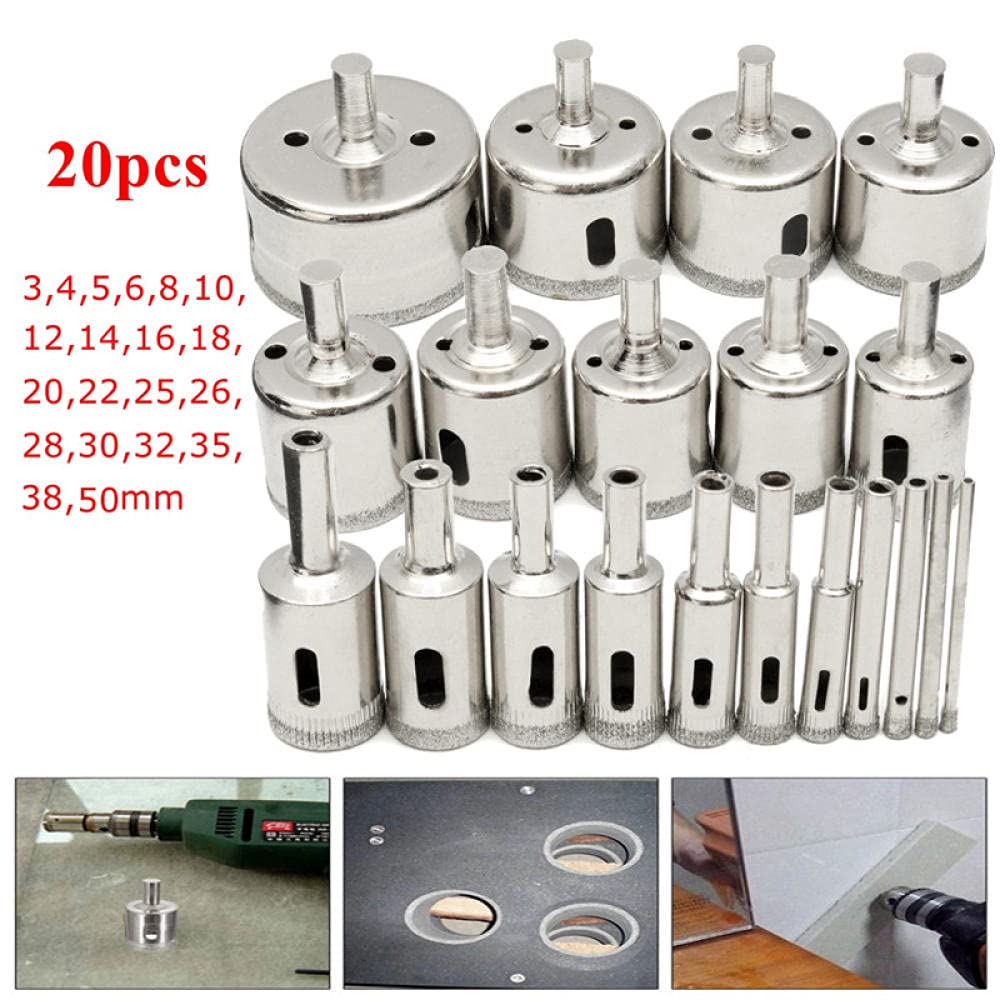 20-Piece Diamond Drill Bit Set (3-50mm) for Glass, Marble, Granite - Hole Saw Cutter Tool for DIY Projects, Jewelry Making & Home Renovation