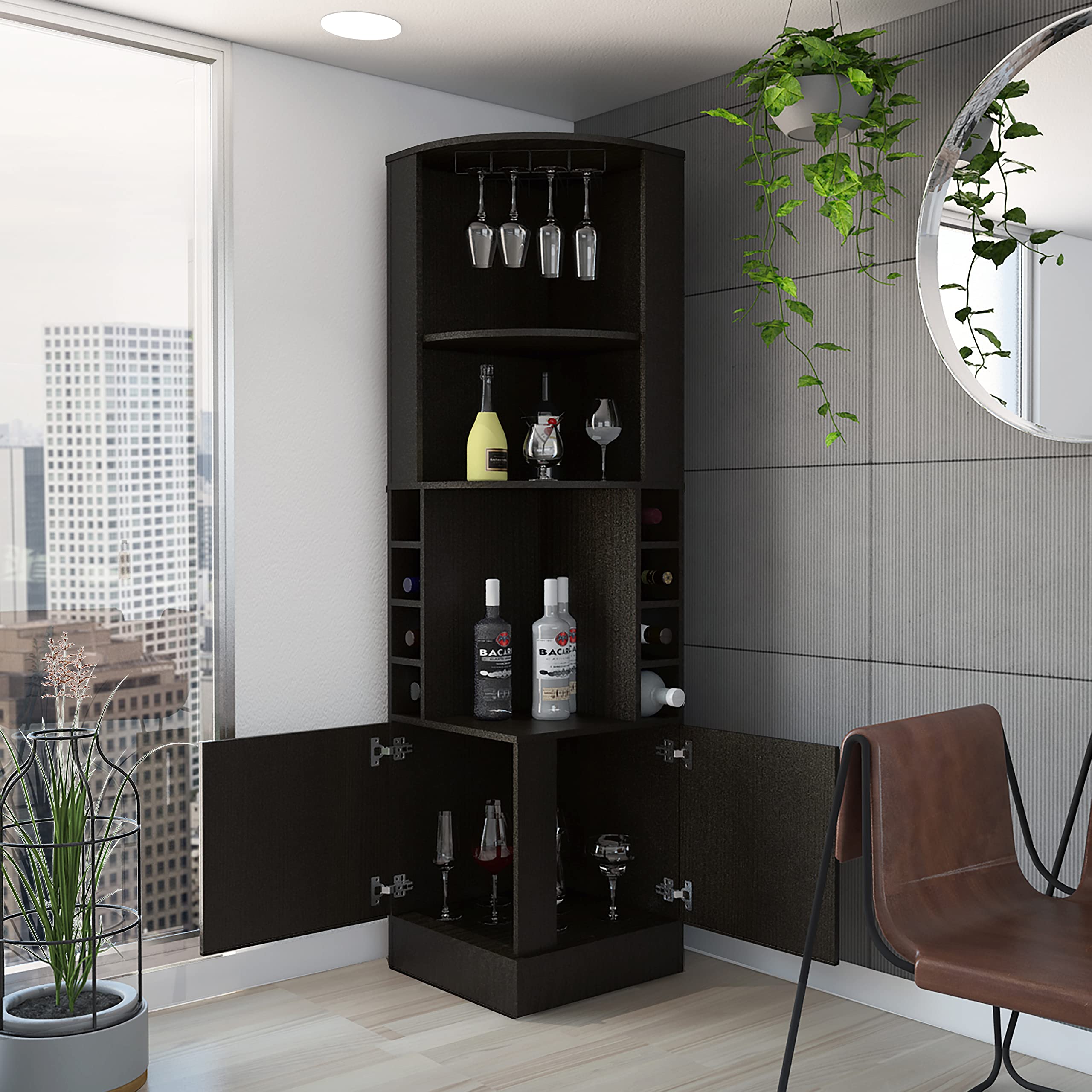 Seattle Corner Bar Cabinet - Black with 3 Open Shelves, Glass Rack, 8 Bottle Storage & Double Doors | Perfect for Home Bar, Kitchen or Dining Room Organization